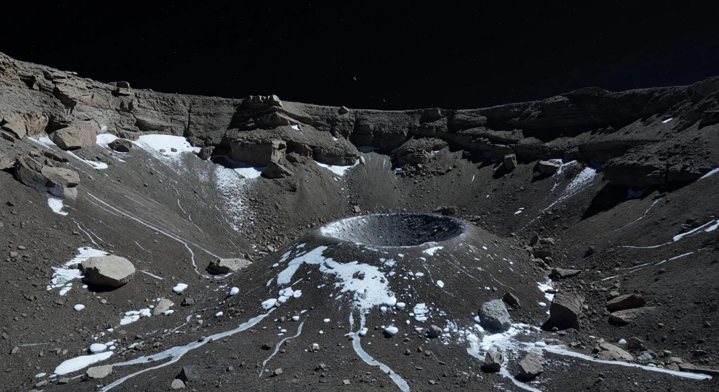 Au pied de la paroi interne abrupte d’un jeune cratère, le sol s’effrite en une pente de régolithe gris sombre, de brèches fracturées et de blocs anguleux, soudain lacérée par des plaques d’un blanc éclatant à peine bleuté où la glace d’eau affleure presque à nu. Dans cette lumière solaire plus lointaine mais toujours implacable, les vernis glacés discontinus, les veines irrégulières et les éboulis mêlés de glace scintillent durement, tandis que les alcôves voisines plongent dans un noir presque absolu sous un ciel entièrement noir, sans air pour adoucir les ombres ni diffuser la lumière. La scène révèle une croûte riche en phyllosilicates ammoniés, sombre et friable, fraîchement entaillée par l’impact, où des matériaux volatils proches de la surface ont été mis à découvert avant d’être entraînés en coulées granulaires et talus instables par des glissements de terrain. Face à ces falaises qui semblent se dresser au-dessus de vous, ponctuées de fractures métriques et de rochers gros comme des maisons, l’absence d’érosion atmosphérique et la faible gravité donnent au paysage une netteté irréelle, comme si chaque arête venait d’être brisée il y a un instant dans le vide glacé.