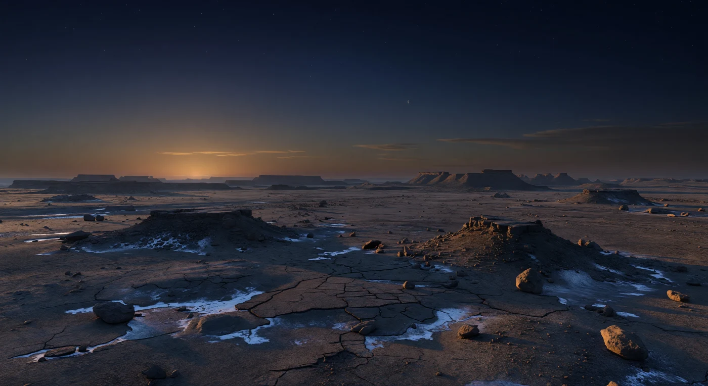 Sous un crépuscule figé, une immense plaine de basalte sombre et de terrains volcaniques usés s’étend jusqu’à l’horizon, ponctuée de minces plaques de givre, de blocs anguleux, de fissures polygonales de contraction et de basses mesas aux falaises émoussées couvertes d’éboulis. La lumière rasante de l’étoile orange, presque immobile au bord du ciel dans ce scénario plausible de rotation lente ou quasi synchrone, nappe le sol de reflets bronze et cuivre, allonge les ombres et fait scintiller par endroits des cristaux de givre piégés dans les dépressions les plus froides. Vers le haut, l’atmosphère ténue passe d’une lueur ambrée près de l’horizon à un dégradé de cobalt, d’indigo puis de bleu noir, où commencent à poindre quelques étoiles, tandis qu’une légère brume froide adoucit les reliefs lointains. Tout paraît plus compact et plus massif que sur Terre, comme si une gravité un peu plus forte avait tassé le paysage en formes robustes et austères, renforçant l’impression d’un monde minéral, glacé et silencieux, suspendu entre le jour et la nuit.