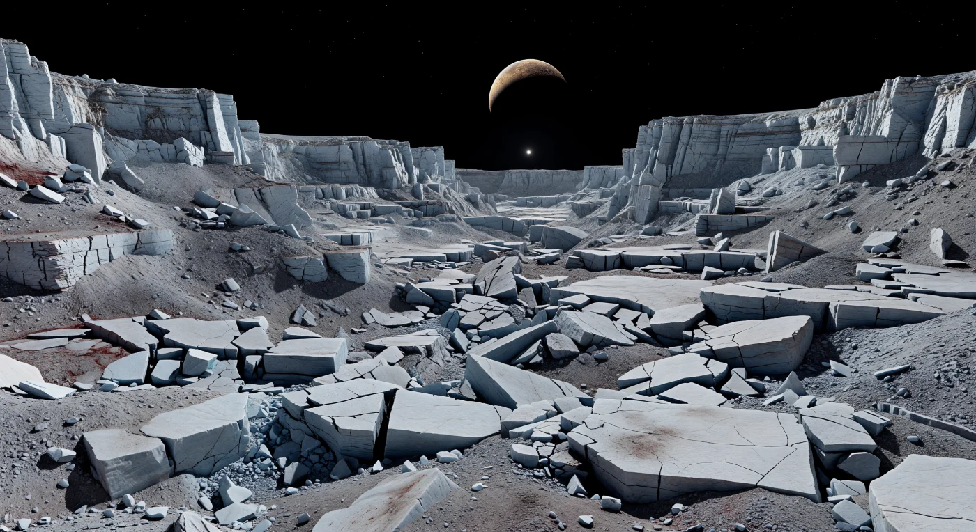 Au fond de cette immense chasma tectonique, le sol semble avoir explosé en un chaos de blocs anguleux de glace d’eau, certains gros comme des maisons, d’autres comme de basses collines, séparés par des crevasses d’un noir absolu et des talus d’éboulis figés dans un froid extrême. Ici, la glace se comporte comme une roche dure : ses faces fracturées, gris pâle à bleu-gris, portent des traces d’effondrement, des gravats glacés, quelques poussières sombres et de discrètes taches brun rougeâtre de composés organiques irradiés piégés dans les fentes. Les parois du canyon, hautes et abruptes, s’élèvent en gradins, falaises de faille et monolithes détachés, leur relief accentué par la faible gravité et par une lumière solaire minuscule mais crue, qui projette des ombres nettes dans le vide sans air. Au-dessus de l’horizon noir, Pluton suspend sa large silhouette fauve et mouchetée entre les crêtes, rappel saisissant que ce paysage gelé appartient à un système binaire où chaque détail, du premier plan aux escarpements lointains, apparaît avec une netteté presque irréelle.