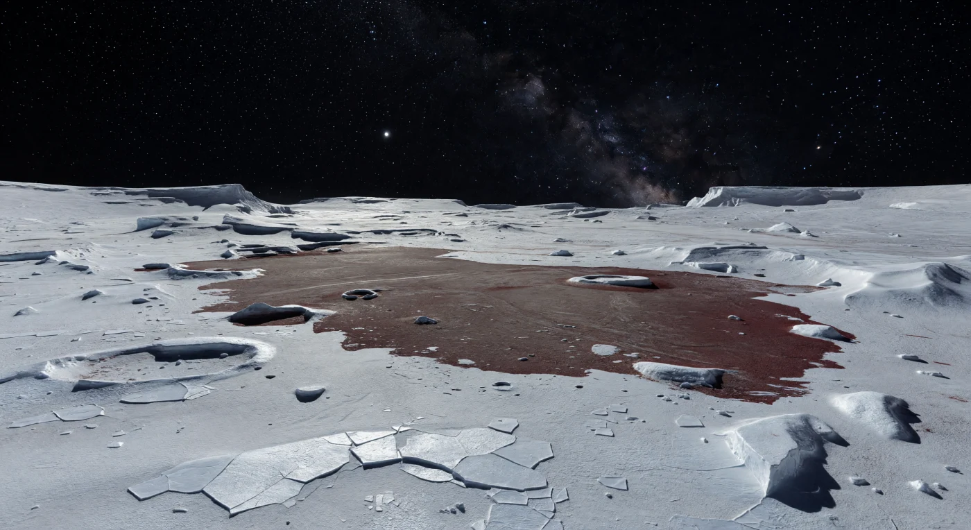 Devant vous, la plaine glacée ondule à peine sous une lumière si faible que le Soleil n’est plus qu’une étincelle blanche dans un ciel noir saturé d’étoiles, où la Voie lactée tranche comme un fleuve de givre. La surface, d’ordinaire éclatante, est ici interrompue par une large zone sombre mise à nu par le recul du givre d’azote et de méthane : une croûte mate brun rouge à lie-de-vin, composée de tholins irradiés et de régolithe cimenté par le gel, striée non par le vent absent mais par la sublimation différentielle. Autour de cette tache, des plaques de glace cassantes, des motifs polygonaux, de petits craterlets, des éclats de glace et des blocs anguleux de glace d’eau gardent dans leurs creux un liseré de condensat blanc, qui accentue violemment le contraste avec les matériaux organiques assombris. L’absence presque totale d’atmosphère rend les ombres d’une netteté implacable et donne à ce paysage cryogénique, au relief bas mais abrupt sous la faible gravité, une immobilité irréelle — comme si vous vous teniez au bord d’une blessure ouverte dans une immensité gelée.