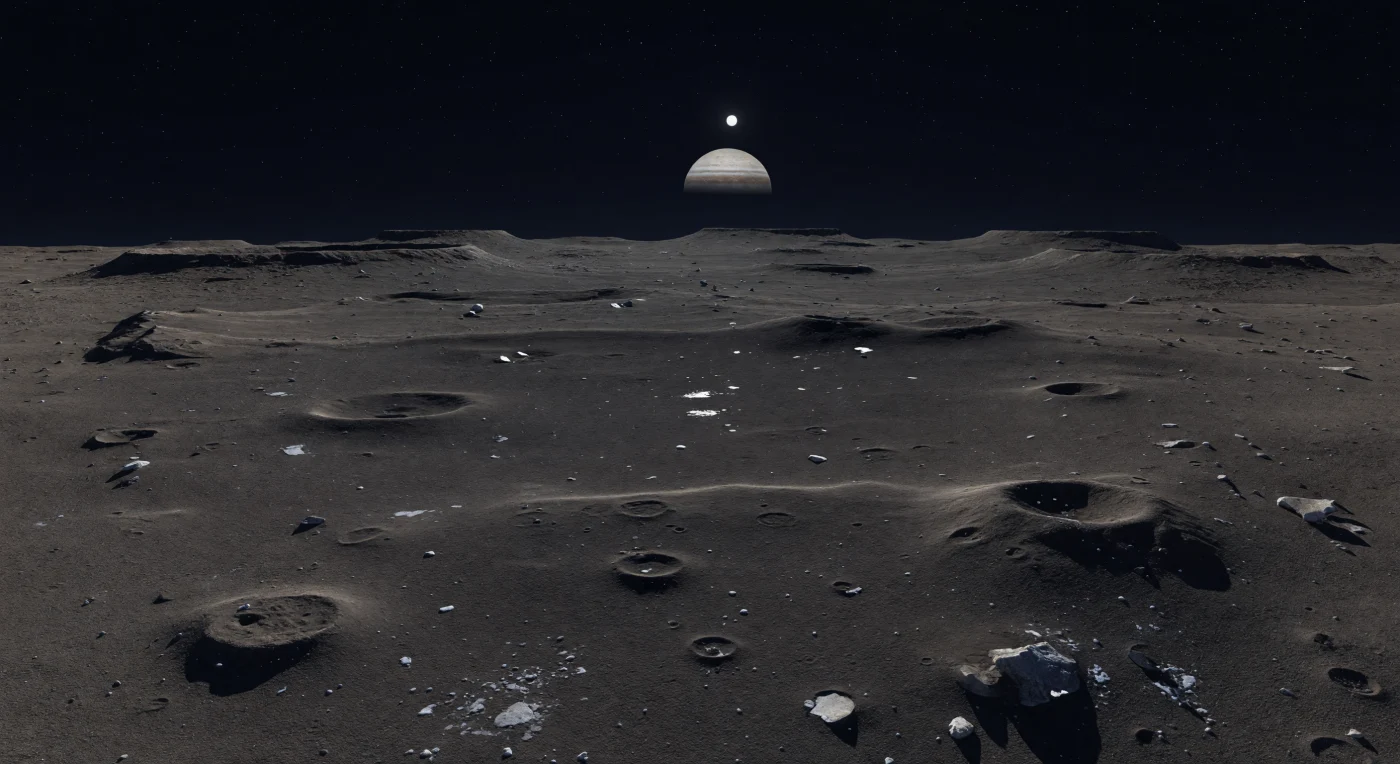 Devant vous s’étend une plaine intercratère sombre et presque plane, un paysage d’une antiquité vertigineuse où un fin régolithe brun gris à charbon recouvre comme une suie une croûte enfouie riche en glace, à peine trahie par quelques taches pâles et par les rebords nets de minuscules cratérules récents. Le sol, sec, poudreux et subtilement granuleux, est ponctué de clastes anguleux mêlant roche et glace, tandis qu’au loin se devinent des cicatrices d’impacts partiellement ensevelies, de faibles bourrelets annulaires et de très larges reliefs circulaires si adoucis qu’ils semblent presque effacés par le temps. Dans l’absence totale d’atmosphère, le ciel est noir d’encre, le Soleil n’est qu’un petit disque d’une blancheur féroce, et sa lumière sans diffusion découpe des ombres d’une précision glaciale; rien n’atténue la vue, si bien que chaque ondulation du terrain reste visible jusqu’à l’horizon courbe. Cette immobilité saisissante raconte une surface faite d’un mélange de glace d’eau, de matériaux rocheux et de débris d’impact assombris, préservée pendant des milliards d’années sur un monde où le renouvellement géologique est presque absent.