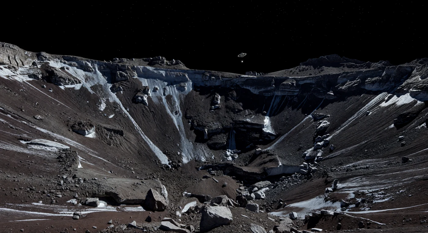 Davanti a te, sulla parete interna rivolta al polo di un antico cratere, sottili colature di brina d’acqua bianca si accendono nella luce radente come vene luminose, adagiate su un terreno bruno-rossastro e nero fuligginoso di polveri carboniose, regolite ricca di ghiaccio e blocchi fratturati. La distribuzione della brina racconta un processo fisico ancora in corso: il ghiaccio sublima dalle superfici più calde e scure, poi si rideposita nei punti più freddi — cornici in ombra, canaloni, sommità dei massi — lasciando i versanti vicini, esposti più direttamente al Sole minuscolo e lontanissimo, nudi, scuri e appena riflettenti. Nel vuoto assoluto, senza aria, nubi o vento, ogni dettaglio appare inciso con nitidezza estrema: ombre nere e taglienti riempiono le fratture, i detriti sembrano ingranditi dalla debole gravità, e oltre il pavimento disseminato di macerie si alzano lembi del bordo del cratere e sagome aspre degli altipiani equatoriali. Sopra questo paesaggio silenzioso e remoto, sotto un cielo perfettamente nero punteggiato di stelle, il piccolo Sole lancia lampi freddi sui cristalli di gelo mentre, basso all’orizzonte, un pallido disco inanellato resta quasi immobile, rendendo la scena ancora più aliena e monumentale.