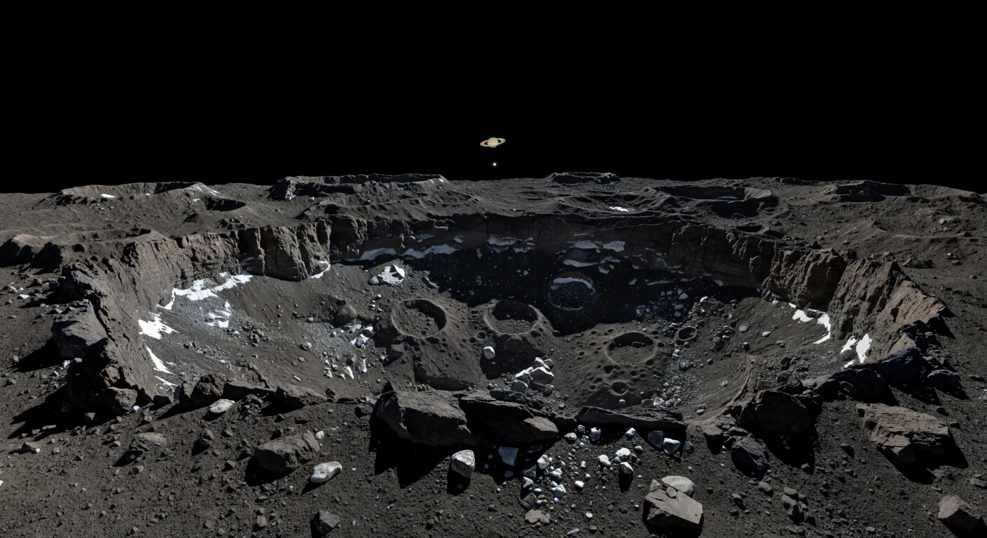 Depuis l’arête dentelée d’un immense cratère, le sol apparaît comme un chaos de régolithe noir brun, de blocs anguleux brisés et de quelques éclats de glace d’eau vivement réfléchissants, suspendus sous une lumière solaire froide qui découpe des ombres d’un noir absolu. Au-delà de ce rebord abrupt, s’étend un paysage de hautes terres saturées de cratères, de couvertures d’éjectas bosselées et de parois fracturées où affleurent par endroits des escarpements plus clairs, témoins d’un mélange primitif de roches sombres riches en carbone et de glaces volatiles mis à nu par les impacts. Ici, l’absence totale d’atmosphère, d’eau liquide et de volcanisme laisse la surface presque uniquement sculptée par les collisions, tandis que la très faible gravité permet aux falaises de rester raides et aux débris de former des champs de blocs d’une netteté saisissante. Dans le ciel parfaitement noir, Saturne flotte bas sur l’horizon comme un petit disque pâle cerclé d’un fin anneau elliptique, lointain mais unmistakable, renforçant l’étrange impression de se tenir sur un vestige capturé des confins du Système solaire.