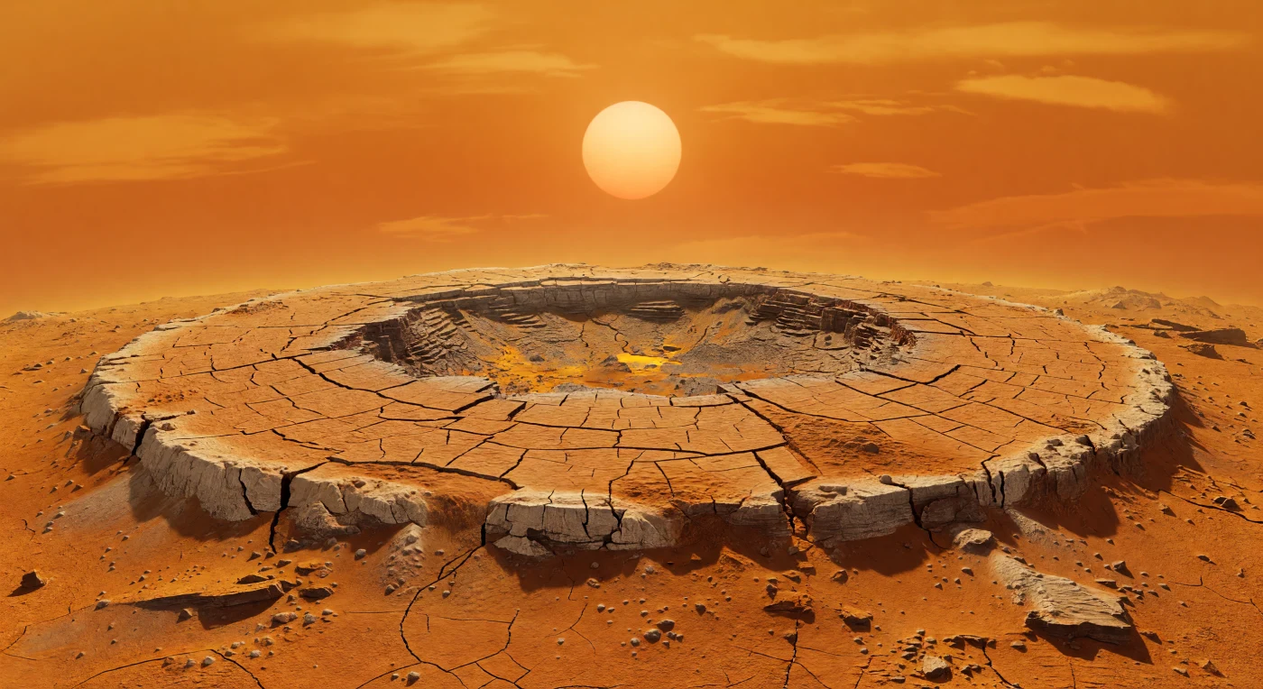 Devant vous s’étend un immense dôme de lave à sommet plat, large d’environ trente kilomètres, dont les falaises presque verticales de matériau clair dominent une plaine basaltique brun orangé craquelée comme un vieux pavage. Sa surface, presque plane mais profondément marquée, est parcourue de fractures radiales et concentriques ouvertes par l’affaissement du dôme après le refroidissement d’une lave exceptionnellement visqueuse, tandis qu’une dépression centrale plus sombre révèle un plancher rompu et des roches moins altérées. Les teintes pâles correspondent à des surfaces rugueuses très réfléchissantes au radar, contrastant avec les zones gris foncé où l’intérieur volcanique affleure sous une croûte chimiquement transformée par une atmosphère écrasante de dioxyde de carbone, chauffée à plus de 460 °C. Sous une lumière jaune-grise sans ombre, diffusée par d’épaisses couches nuageuses chargées d’aérosols sulfurés, le paysage semble figé, immense et silencieux, comme si l’on se tenait au bord d’une architecture volcanique bâtie à l’échelle d’un continent.