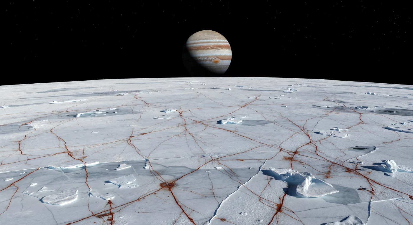 Devant vous s’étend une plaine de glace presque parfaitement plane, blanche à bleu pâle, striée d’un réseau serré de fissures brun rouge, de doubles crêtes, de sillons peu profonds et de plaques cassées qui témoignent d’une croûte de glace d’eau sans cesse tendue, rompue puis regelée. À l’horizon doucement courbé, les reliefs ne dépassent que de quelques mètres, mais l’étendue nue semble filer sur des kilomètres, ponctuée çà et là de petites zones chaotiques où des blocs anguleux paraissent avoir pivoté avant d’être ressoudés dans une matrice plus lisse, indice d’échanges avec l’océan salé enfoui sous la surface. Dans le ciel noir, privé de diffusion atmosphérique, un Soleil minuscule projette une lumière dure et froide qui cisèle des ombres nettes, tandis qu’au-dessus du paysage domine l’énorme disque presque immobile de Jupiter, dont les bandes crème, fauves et brunes se reflètent faiblement en lueurs chaudes sur les faces glacées tournées vers lui. On a l’impression de se tenir sur une croûte fragile à l’échelle d’un monde entier, dans un silence absolu, au bord visible d’un univers gelé que les forces de marée façonnent encore.