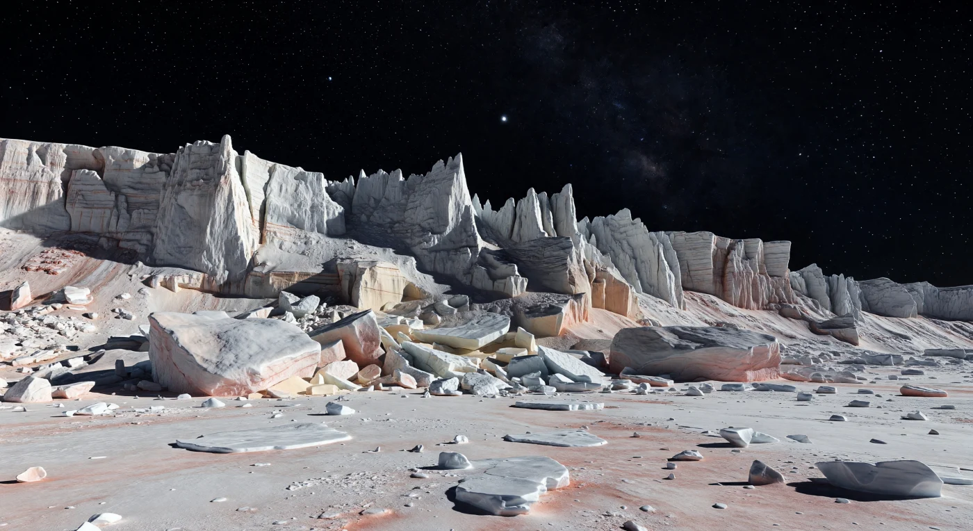 Devant vous s’élève une falaise de glace d’eau ancienne, aiguë comme une lame, dont les arêtes cassantes, les fractures verticales et les couches gris blanc tachées de tholins brun rouge dominent une plaine brisée semée de blocs d’éboulis hauts comme des immeubles. Sur les corniches et dans les alcôves, des placages de givre de méthane et d’éthane accrochent la faible lumière solaire en teintes crème, pêche et rose pâle, tandis que les faces à l’ombre basculent dans un noir bleuté d’une dureté absolue, sans la moindre diffusion atmosphérique. À près de 40 kelvins, dans le vide total, le sol de régolithe gelé, de glaces granulaires, de fissures polygonales et de petits cratères d’impact conserve l’empreinte d’un monde presque immobile depuis des milliards d’années, façonné par le froid extrême, le bombardement spatial et la migration saisonnière des glaces volatiles. Sous un ciel noir saturé d’étoiles et barré par la Voie lactée, avec le Soleil réduit à un point blanc intense, l’immensité silencieuse de cet escarpement donne l’impression d’être au pied d’une muraille fossile, figée aux confins du Système solaire.