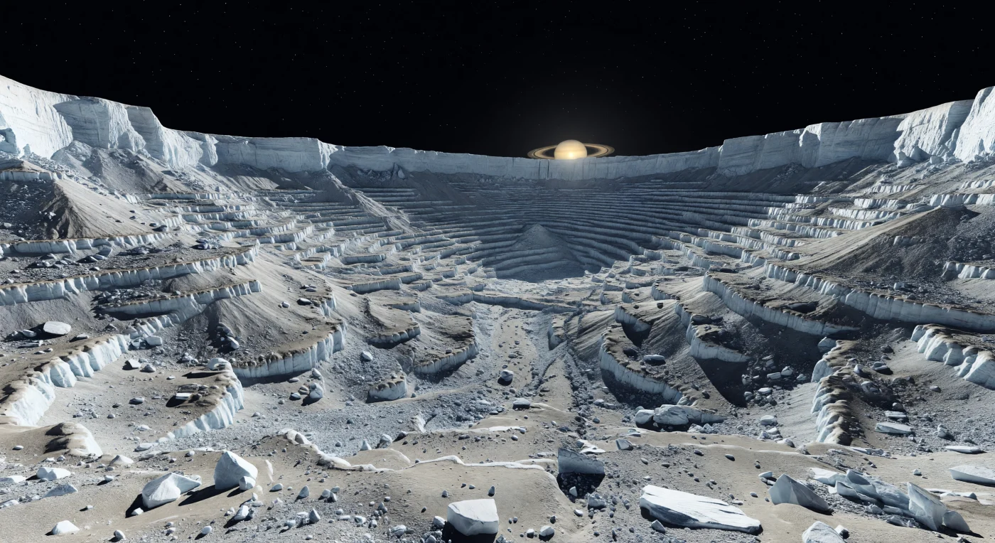 À flanc de la paroi interne d’un cratère colossal, l’aube révèle un amphithéâtre de terrasses d’effondrement géantes où des gradins de glace d’eau éclatante, des blocs anguleux et des nappes de débris gris-beige descendent vers le fond en longues marches abruptes. Les premières lueurs du Soleil, plus petit et plus faible qu’au voisinage de la Terre, rasent la surface sous un angle extrême et tracent des ombres nettes comme des lames, d’un noir absolu, car ce monde glacé ne possède pratiquement aucune atmosphère pour diffuser la lumière ni adoucir l’horizon. Dans les coupes des terrasses, la croûte plus ancienne et assombrie par des poussières contaminantes laisse apparaître une glace cristalline bleu-blanc plus pure, tandis que la très faible gravité conserve des escarpements vifs, des dalles fracturées et des traînées de blocs éjectés avec une rudesse presque irréelle. Au-dessus du rebord, la planète géante suspendue dans le ciel noir et constellé renforce encore l’impression de silence, de vide et d’échelle démesurée : on a l’impression de se tenir au bord d’une cicatrice d’impact immense, taillée dans un petit monde de glace figé depuis des milliards d’années.