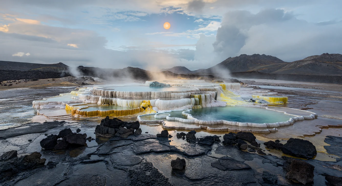 Au ras du sol, le bassin hydrothermal s’étend comme un amphithéâtre minéral où des basaltes noirs, luisants d’eau condensée, sont entaillés de rigoles peu profondes et semés de blocs anguleux, tandis que des terrasses de silice blanche à crème s’élèvent en gradins délicats, ourlées de dépôts fragiles formés par la précipitation continue des sources chaudes. Des croûtes de soufre jaune et des teintes ocre soulignent les fissures et les fumerolles, et, entre les replats, des vasques turquoise presque immobiles frémissent sur leurs bords proches de l’ébullition, laissant s’échapper de fins voiles de vapeur. Cette mosaïque de silice, de soufre et de roche volcanique trahit un sous-sol encore très actif, où l’eau chaude circule à travers des terrains basaltiques et dépose ses minéraux au fil du refroidissement, dans une gravité probablement un peu plus forte que celle de la Terre qui accentue la présence massive du relief. Sous une atmosphère dense et humide, les nuages disloqués filtrent la lumière abricot de l’étoile, qui pose sur la vapeur une lueur dorée et douce, tandis que les crêtes volcaniques sombres et les montagnes érodées se perdent dans la brume, donnant au paysage une ampleur silencieuse et profondément étrangère.