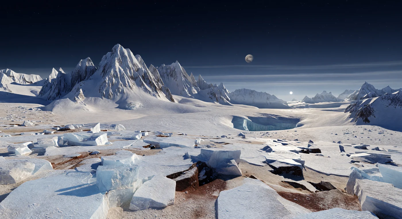 Au lever d’un Soleil minuscule, réduit à un point éclatant au ras de l’horizon, des pics déchiquetés de glace d’eau s’élèvent sur plus de 6,2 kilomètres et tranchent un ciel bleu nuit presque noir, où quelques étoiles demeurent encore visibles au-dessus de fines bandes de brume atmosphérique. À cette température extrême, la glace d’eau est aussi dure que la roche : sous vos pieds, un chaos de dalles fracturées, d’éboulis anguleux et de givre pâle de méthane et d’azote scintille d’un éclat bleu-blanc, tandis que des particules sombres riches en tholins brun-roux s’accumulent dans les fissures abritées. Plus loin, les bases des montagnes se fondent dans de vastes dépôts de glaces volatiles, lisses par endroits, marqués de textures polygonales, de petites cuvettes de sublimation et de minces placages sculptés par les vents, sans la moindre trace de liquide. Dans la faible gravité, les reliefs paraissent démesurés, les ombres s’étirent avec une netteté rasoir, et l’ensemble baigne dans un silence glacé, d’une étrangeté saisissante, comme si l’aube éclairait un monde figé entre la pierre, le givre et le vide.