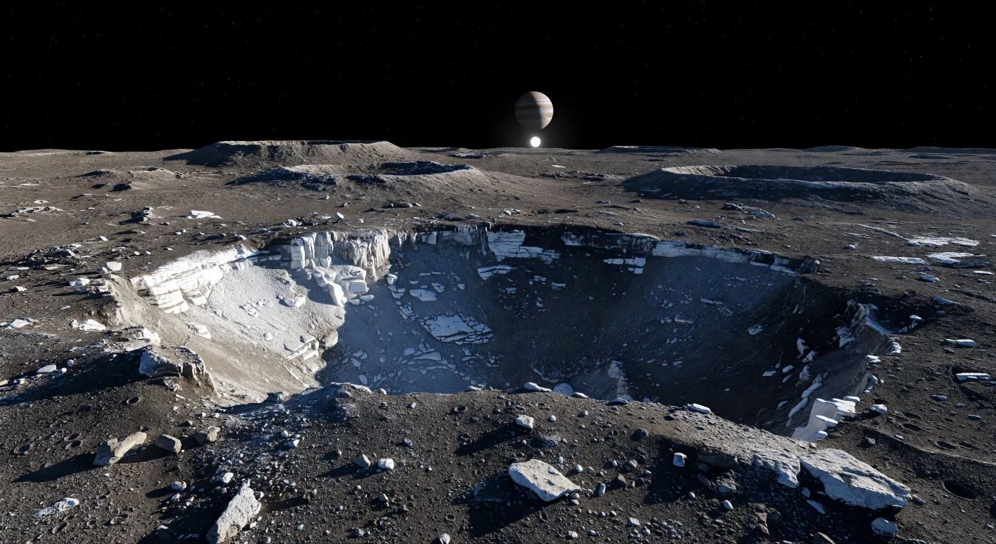 Au bord d’un ancien cratère presque effacé, à l’instant du lever du Soleil local, le sol chaotique mêle régolithe brun gris sombre, blocs de brèche cimentés par la glace, éclats de roches silicatées et rochers anguleux saupoudrés d’un givre pâle. Une paroi fracturée s’embrase d’un blanc vif, presque bleuâtre, là où la glace d’eau mise à nu et de minces pellicules de givre accrochent la lumière rasante, tandis que la pente opposée s’abîme dans une obscurité bleu-noir aux limites parfaitement nettes, signature d’un vide presque total sans diffusion atmosphérique. Partout, la croûte ancienne raconte un monde dominé par les impacts: petits cratères superposés, terrasses brisées, textures bosselées d’éjectas et larges anneaux d’impact adoucis se déroulent jusqu’aux plaines ondulées de l’horizon, sans montagnes abruptes ni traces de volcanisme. Au-dessus, le ciel reste entièrement noir malgré le jour, le Soleil minuscule découpe des ombres glaciales d’une précision extrême, et, si elle se dresse sur l’horizon, l’immense planète géante striée de bandes crème et brunes écrase visuellement la scène, donnant à ce désert de glace et de roche une grandeur silencieuse et vertigineuse.