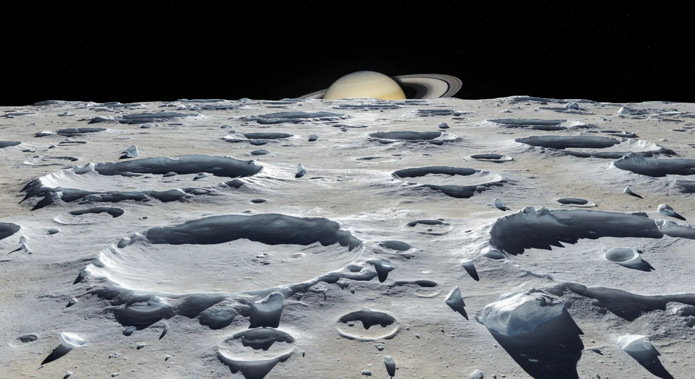 Autour de vous s’étend un désert de cratères tassés les uns contre les autres, où des bourrelets de glace d’eau éclatante, des creux peu profonds gorgés de givre et des blocs anguleux à demi enfouis dans une poussière gelée dessinent un relief d’une netteté presque irréelle. Le Soleil, minuscule et rasant, tranche l’horizon noir du vide et projette des ombres interminables, bleu acier et noires, qui noient l’intérieur des dépressions tandis que les arêtes fraîchement fracturées scintillent d’un éclat cristallin. Ici, l’absence presque totale d’atmosphère laisse la lumière frapper sans diffusion ni adoucissement, révélant une croûte ancienne saturée d’impacts, faite surtout de régolithe de glace d’eau mêlé de faibles poussières plus sombres, avec des teintes allant du blanc gris au bleu pâle et par endroits un beige discret dans les terrains les plus contaminés. De proche en proche, les bords de cratères se succèdent jusqu’à l’horizon ouvert, donnant à ce petit monde glacé une impression de densité géologique immense et de silence absolu, comme si l’on se tenait au bord d’un champ de cicatrices figé depuis des milliards d’années.