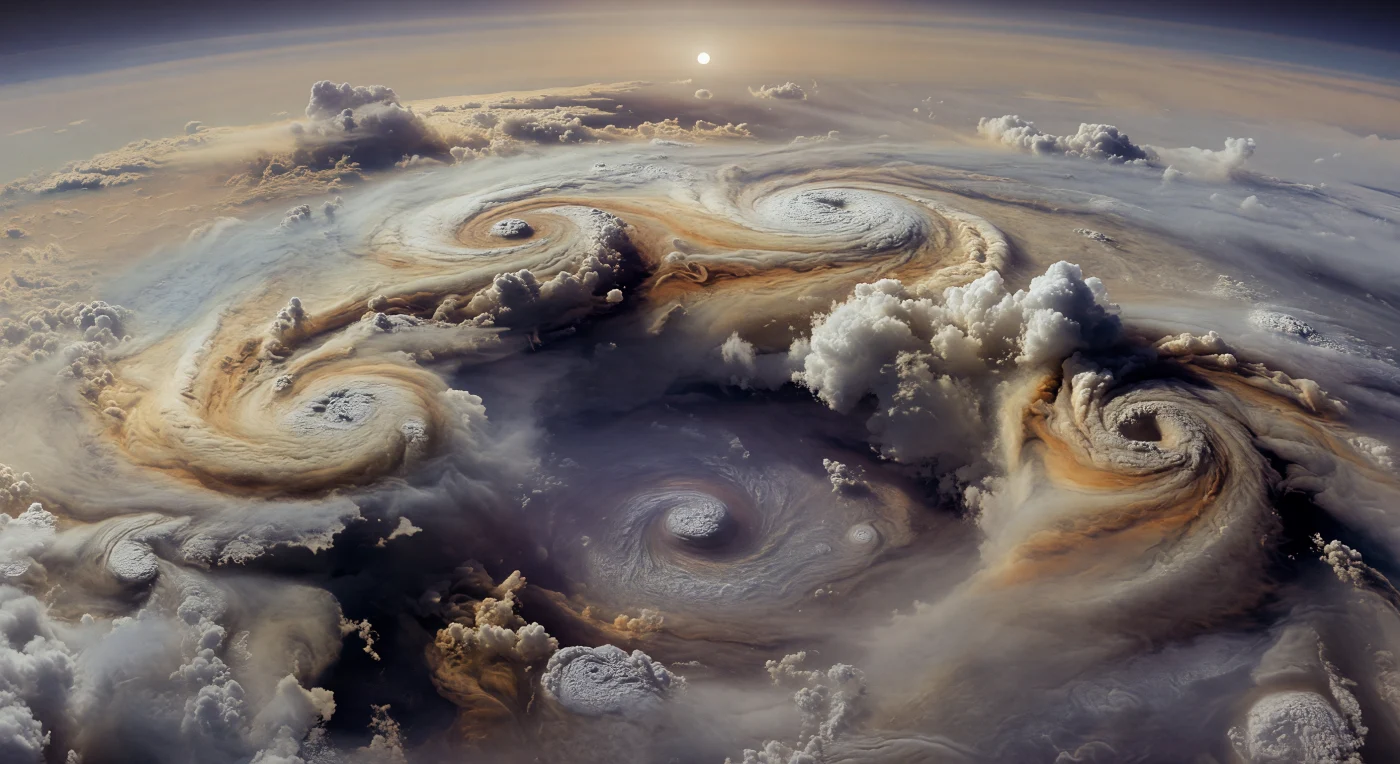 Suspendu au sein des hautes couches nuageuses polaires, on ne voit aucun sol, seulement un abîme atmosphérique où d’immenses murailles en spirale de brume bleu gris, de bancs crème d’ammoniac glacé et de bandes ocre d’hydrosulfure d’ammonium s’enroulent vers un œil cyclonique colossal perdu dans l’opacité. La faible lumière oblique du Soleil, réduit ici à un minuscule disque blanc à travers une brume beige ambrée et lilas, glisse sur les reliefs de nuages comme sur des falaises mouvantes, révélant des filaments déchirés, des terrasses cisaillées, des tourbillons secondaires et des colonnes d’ombre noir violacé hautes de centaines de kilomètres. Ce paysage n’est pas une surface mais une structure dynamique sculptée par la rotation fulgurante de la planète, la convection verticale et des couches chimiques superposées de gaz, d’aérosols et de glaces, dans une atmosphère dominée par l’hydrogène et l’hélium. Face à cette descente sans fond apparente, adoucie au loin par des voiles diffus et des brouillards stratifiés, on a l’impression de flotter au bord d’un gouffre météorologique d’une échelle presque inconcevable.