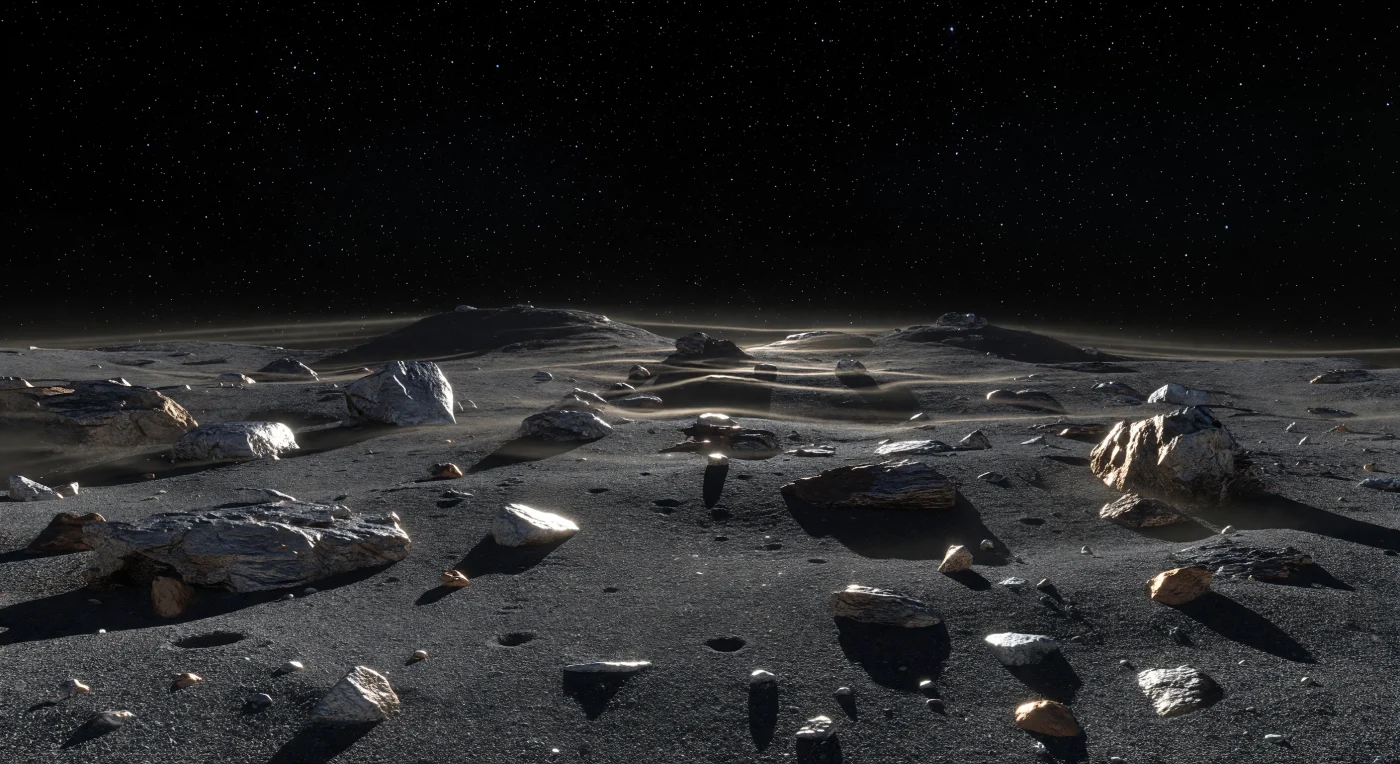 Au ras du sol, la plaine de régolithe sombre a l’éclat froid du canon de fusil et du fer bruni, semée de grains nickel-fer scintillants, de blocs anguleux et de dalles métalliques fracturées qui émergent d’une poussière noirâtre, tandis qu’un horizon incroyablement proche se cambre et chute en quelques kilomètres seulement. Près de la limite entre le jour et la nuit, le Soleil, plus petit qu’au ciel terrestre, rase la surface et fait jaillir de vifs reflets sur les faces riches en métal, étire des ombres noires comme des lames et révèle, entre les rochers, un voile intermittent de poussière ultrafine soulevée par des effets électrostatiques, flottant en nappes et en arcs à quelques dizaines de centimètres du sol. Dans cette gravité minuscule et sans la moindre atmosphère, même de modestes reliefs paraissent monumentaux, les étoiles restent d’une netteté implacable en plein “jour”, et les petits cratères, éjectas et amas de cailloux racontent une surface continuellement remodelée par les impacts. L’ensemble a quelque chose d’intime et d’immense à la fois: un désert de métal et de roche figé dans le vide, où chaque scintillement doré de poussière suspendue trahit une physique étrangère à toute expérience terrestre.