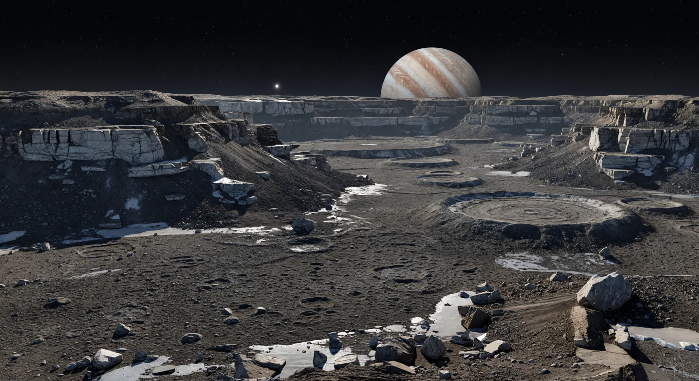 Au bord d’un ancien bassin d’impact, la plaine sombre de régolithe glacé s’étire sous vos pieds comme une mosaïque écrasée de petits cratères, de brèches éclatées et de blocs anguleux cimentés par le gel, où quelques cassures récentes révèlent des lueurs de glace plus propre. Devant vous, des escarpements en gradins hauts de quelques centaines de mètres soulèvent la vieille croûte mêlée de glace d’eau et de roches silicatées en blocs basculés, avec des parois faillées nettes, des corniches effondrées et des tabliers de débris noirs qui dévalent les pentes ; leur relief reste étonnamment vif, malgré son grand âge, parce que ce monde glacé et peu actif a conservé presque intacte la mémoire des impacts. La lumière rasante d’un Soleil minuscule découpe chaque fracture avec une précision implacable, jetant des ombres noires et tranchantes dans un paysage sans air, sans brume et sans aucun signe d’écoulement liquide. Au-dessus de cet horizon d’une netteté irréelle, où s’emboîtent anneaux assouplis, rebords de cratères et cicatrices circulaires effacées, l’immense disque bandé de Jupiter domine le ciel noir et donne à cette scène gelée une grandeur silencieuse, presque écrasante.