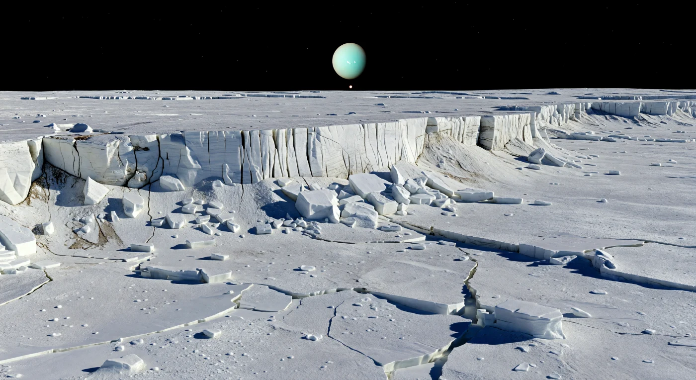 Au lever d’un Soleil minuscule, à peine hissé au-dessus de l’horizon, une gigantesque falaise de faille en glace d’eau brillante domine une plaine fracturée où le givre argenté, les dalles brisées et les blocs de glace projetent des ombres noires d’une netteté absolue sur des kilomètres. Ici, l’absence totale d’atmosphère laisse le ciel parfaitement noir, sans aube diffuse ni lueur rougeoyante, tandis que les étoiles persistent loin de l’éclat solaire et que la lumière rasante découpe chaque corniche, chaque crevasse et chaque talus gelé avec une précision implacable. Ce relief spectaculaire témoigne d’une ancienne activité tectonique: des escarpements bordés de failles normales, des fossés d’effondrement et des plaines resurfacées révèlent une croûte mêlant glace d’eau et matériaux rocheux, façonnée par des contraintes internes puis figée dans le vide glacé. Suspendu bas dans ce ciel d’encre, l’astre géant aux teintes cyan pâle écrase l’horizon de sa présence, donnant à cette étendue blanche, silencieuse et démesurée une grandeur presque irréelle.