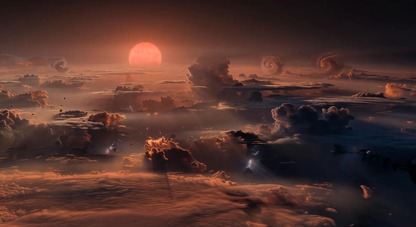 Dans la ceinture de crépuscule permanent, un immense disque rougeâtre reste suspendu sur l’horizon, adouci par des brumes photochimiques stratifiées qui diffusent ses rayons obliques en larges faisceaux cuivrés à travers un paysage sans sol ni rivage. Sous vous s’étend un vaste pont de brouillard incandescent, presque plat, teinté de cuivre fondu, de rouille et de braise, dont la surface ondule à peine sous le cisaillement lent d’une atmosphère dense, avant de se rompre en falaises de nuages et en gouffres bleu-noir plongeant vers l’hémisphère nocturne. D’énormes tours convectives, hautes de dizaines de kilomètres, s’élèvent comme des enclumes et des remparts de vapeur au-dessus d’une enveloppe profonde probablement riche en eau supercritique, signature d’un monde sub-neptunien à forte métallicité où les observations indiquent des nuages épais, des brumes opaques et l’absence de toute surface solide visible. La lumière rouge d’une naine proche transforme cette structure atmosphérique en relief presque géologique, soulignant des terrasses de pression, des canyons de vapeur et de lointaines cellules orageuses assez vastes pour faire paraître les plus grands systèmes météorologiques terrestres minuscules, tandis qu’au loin de faibles éclairs vacillent dans les ténèbres indigo.