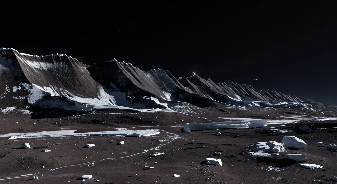 Davanti a te, la dorsale equatoriale si innalza come una muraglia frastagliata di creste quasi parallele, con cime affilate come lame, selle strettissime e fianchi ripidi coperti da falde di detrito che precipitano su una pianura gelata e senza aria. Le bande scure di polvere ricca di carbonio e i depositi residui, dal bruno-rossastro al nero carbone, alternano con affioramenti di ghiaccio d’acqua più chiaro, messi a nudo da frane e scivolamenti che hanno strappato via il mantello superficiale, rivelando scarpate luminose e massi angolosi scintillanti nell’ultima luce. Qui la gravità debole permette rilievi insolitamente alti e scoscesi, estesi per enormi distanze lungo l’equatore, mentre il Sole, minuscolo e nascosto appena dietro la cresta principale, disegna un bordo abbagliante attorno ai picchi seghettati e proietta ombre nere, nette, impossibili da ammorbidire in assenza di atmosfera. Sopra questo paesaggio immobile e glaciale, il cielo resta un nero assoluto già punteggiato dalle prime stelle, amplificando la sensazione di trovarsi davanti a una catena montuosa aliena, scolpita nel ghiaccio e nella polvere nel silenzio totale del vuoto.