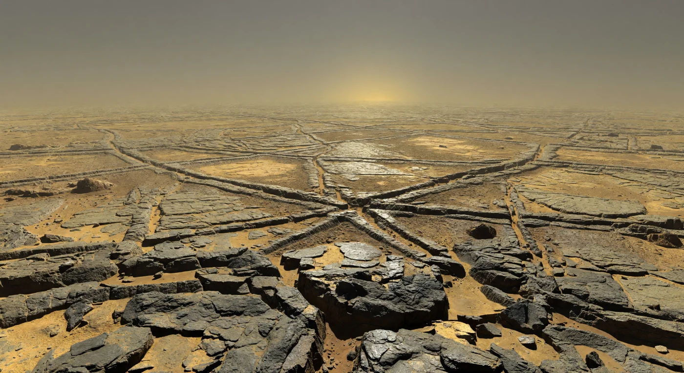 Devant vous s’étend un enchevêtrement de crêtes et de sillons anciens, une tessera déformée en damier chaotique où des blocs rocheux gris sombre, des dalles fracturées et des boulders anguleux semblent avoir été plissés, brisés et relevés par une tectonique d’une violence extrême. Ces reliefs croisés, parmi les terrains les plus vieux de la surface, présentent une rugosité exceptionnelle qui les rend particulièrement brillants au radar, indice de surfaces très accidentées et peut-être enrichies en minéraux aux propriétés réfléchissantes inhabituelles sous les conditions infernales locales. Dans les creux s’accumule une poussière ocre, tandis qu’au loin le labyrinthe de rides s’efface dans une brume jaune soufrée qui diffuse toute lumière, sans Soleil visible, sous un ciel gris-beige uniforme. L’atmosphère écrasante, chaude au point de faire paraître chaque pierre sortie d’un four, étouffe les contrastes et noie l’horizon, donnant à ce plateau desséché une immensité oppressante et profondément étrangère.