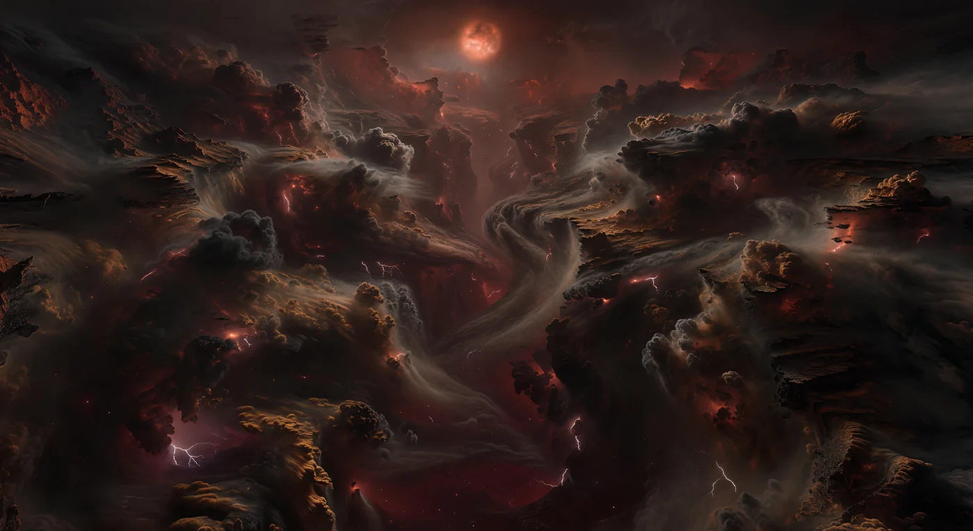 Devant vous s’ouvre un gouffre vertical creusé non dans la roche, mais dans des couches nuageuses titanesques, où d’immenses parois de brume dense et d’aérosols sombres s’élèvent comme des falaises de fumée striées de charbon, d’ocre ferrugineux et de brun cuivré. Très loin au-dessus, le disque rouge-orangé de l’étoile perce à peine la haute brume et n’envoie qu’une lueur sanglante, étouffée par une atmosphère extraordinairement épaisse, riche en volatils, en vapeur d’eau et en particules métalliques, sans horizon ni surface solide visible. Par instants, des éclairs internes déchirent les colonnes de tempête et révèlent, sur une échelle vertigineuse, des remous convectifs, des nappes de vapeur surchauffée et des filaments turbulents engloutis aussitôt par l’obscurité rouge-noir. Ici, le paysage est entièrement atmosphérique: un canyon de nuages en perpétuel effondrement, modelé par des pressions écrasantes, une chimie à haute métallicité et une météorologie si violente que même la lumière semble s’y perdre.