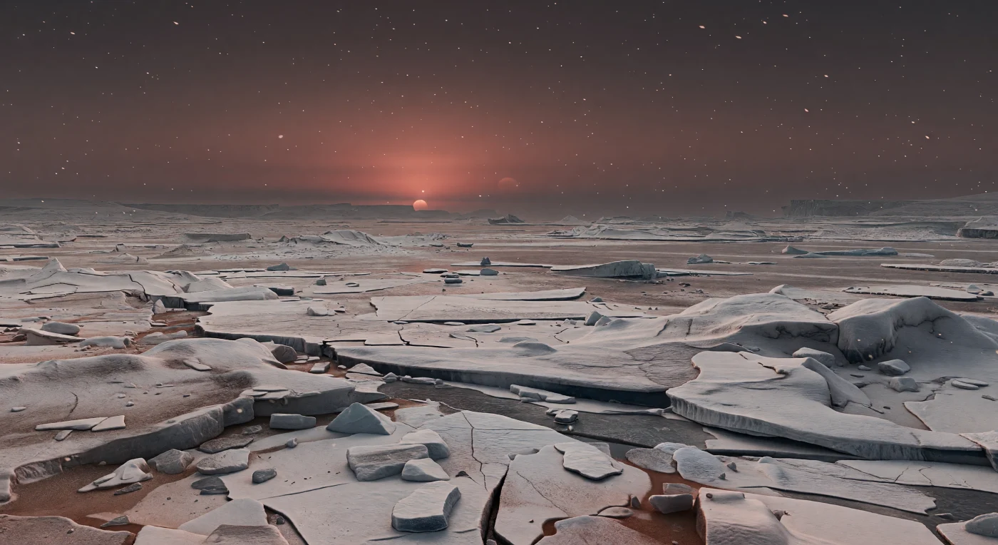 Voor je strekt zich een bevroren oceaanvlakte uit waarin chaotische drukruggen van vuilwit en blauwgrijs waterijs in zware, geknikte wallen drie tot acht meter omhoog zijn geperst, gescheiden door donkere troggen vol breekplaten, ijsblokken, sastrugi en roodbruin stof. Het lage, permanent schemerende licht van een koele rode dwerg glijdt schuin over gepolijste ijsvlakken en laat dunner blauw ijs van binnenuit zwak oplichten, terwijl rijmnevel, opwaaiende sneeuw en zwevende ijskristallen de horizon vervagen tot vage fronten van opgestuwd pakijs. Deze compacte, massieve vormen passen bij een getijdengebonden superaarde met bijna tweemaal de zwaartekracht van de aarde, waar een stikstofrijke atmosfeer, intense kou en langdurige compressie een hard, zwaar ogend ijslandschap vormen in plaats van ranke, fragiele structuren. Staand tussen de gekartelde ruggen onder een koperrode hemel voelt de wereld immens en vreemd stil aan, alsof de grens tussen dag en nacht hier voor altijd is vastgevroren.