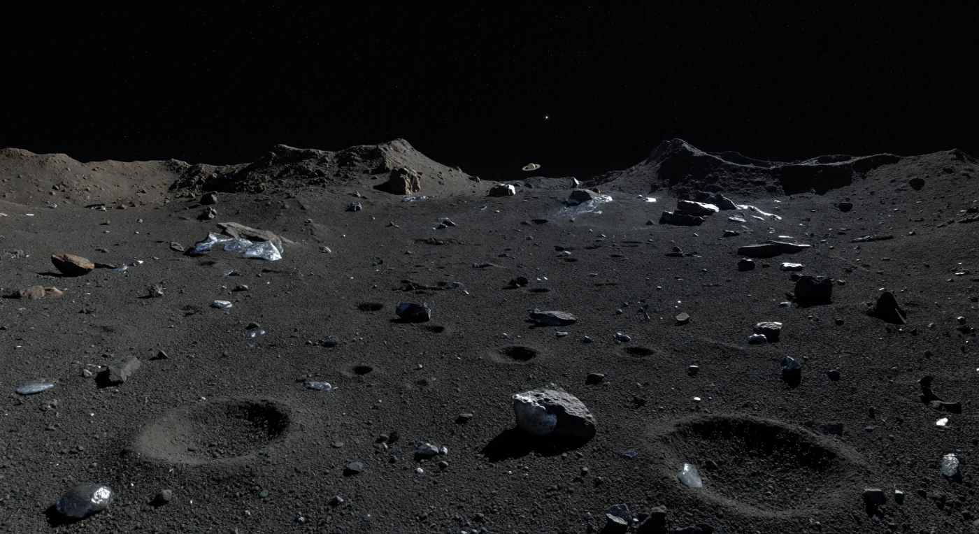 À hauteur du sol, le paysage apparaît comme une plaine de régolithe noir mat, presque charbonneux, densément piquetée de microcratères dont les ombres nettes soulignent chaque grain, chaque petit rebord d’éjecta et chaque caillou anguleux. Ce manteau sombre, composé de poussières primitives riches en carbone mêlées à des fragments broyés de roche et de glace, a été continuellement remanié par le bombardement d’impacts, tandis que quelques éclats argentés, parfois légèrement bleutés, trahissent la présence de glace d’eau fraîchement exhumée sous la croûte plus sombre. Plus loin, le terrain se relève vers des hauteurs cratérisées aux arêtes abruptes et aux affleurements blocailleux, dont les pentes paraissent presque exagérées dans une gravité si faible que les débris semblent à peine retenus au sol. Sous un Soleil minuscule mais d’une blancheur implacable, dans un ciel absolument noir et sans air, chaque texture ressort avec une précision presque irréelle, donnant l’impression de se tenir sur un vestige figé des premiers âges du Système solaire.