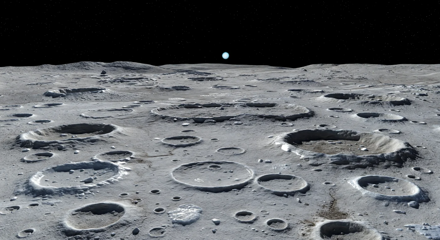 Sous vos pieds s’étend un haut plateau ancien saturé de cratères, où des cuvettes d’impact emboîtées, aux rebords adoucis par des milliards d’années de micrométéorites, se chevauchent jusqu’à un horizon proche et délicatement courbe qui trahit la petite taille du monde. Le sol mêle un socle extrêmement dur de glace d’eau cryogénique à des matériaux rocheux et carbonés plus sombres, le tout recouvert d’un régolithe gris pulvérulent, parsemé de blocs anguleux éjectés lors d’impacts et de faibles escarpements ou fractures d’extension à peine visibles au loin. Sous un ciel diurne pourtant noir, sans air pour diffuser la lumière, le Soleil n’est qu’un minuscule disque d’une blancheur intense, projetant une illumination froide et faible qui cisèle chaque relief en ombres noires nettes et arrache de discrets éclats bleuâtres aux affleurements de glace plus pure. Dans ce silence absolu, sans nuages, sans poussière en suspension ni trace d’activité, le paysage paraît figé hors du temps, immense et immobile, archive glacée des bombardements anciens et des lentes déformations d’une croûte de glace et de roche.