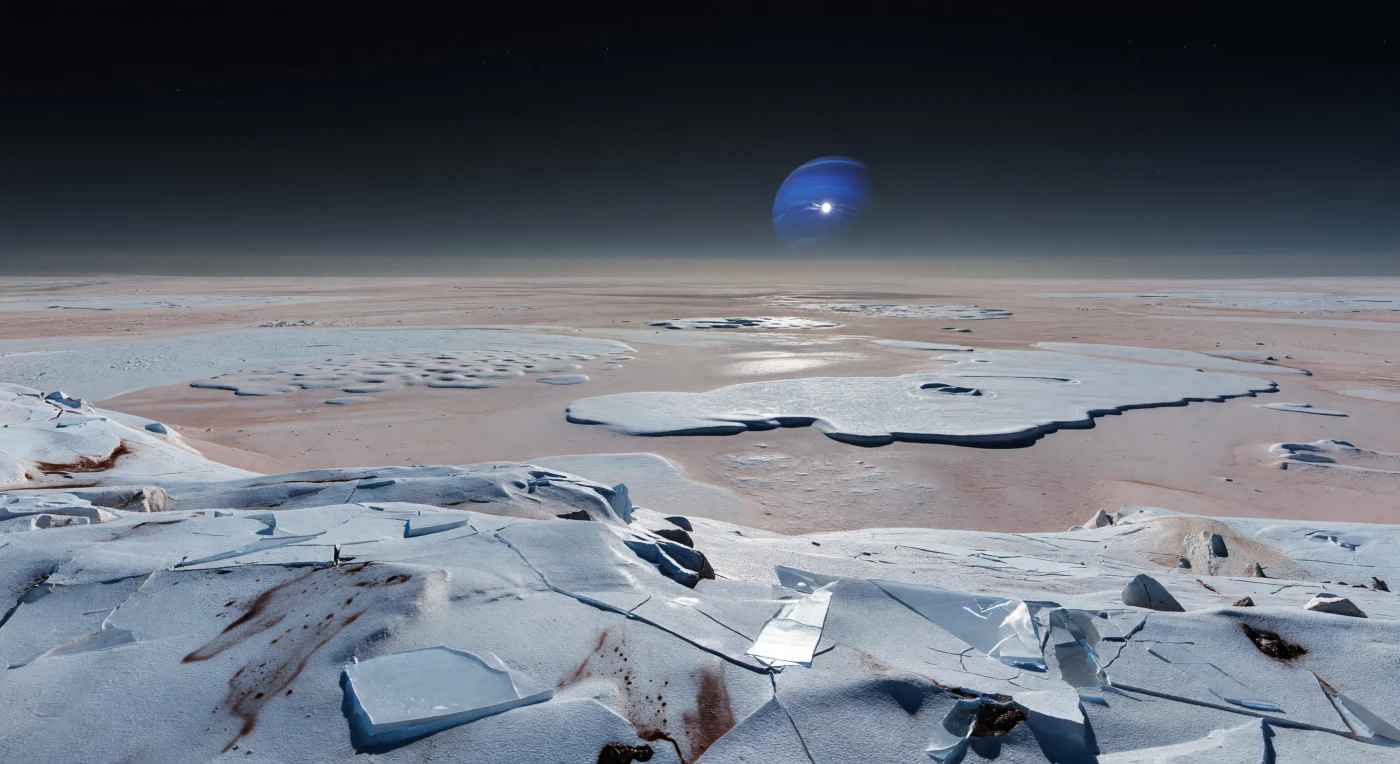 Depuis une crête proche du limbe, le sol apparaît comme une mosaïque de givre d’azote brisé reposant sur une roche-mère de glace d’eau, hérissée d’éclats translucides, de plaques fracturées et de fines craquelures polygonales, tandis que des traînées sombres de poussières déposées par d’anciens panaches strient par endroits les plaines pâles rose-beige. Au loin, sur des dizaines de kilomètres, s’étendent des terrains bosselés en « peau de cantaloup », de douces lobes figées de cryovolcanisme et quelques cicatrices d’impact à demi ensevelies sous des glaces volatiles, modelées par une gravité faible, un froid extrême et une surface où rien n’est liquide. Près de l’horizon, l’immense disque bleu cobalt de Neptune domine le ciel noir, à peine voilé d’une brume d’azote bleu-gris, et masque en partie le minuscule Soleil, dont le croissant éclatant répand une lumière rasante aux ombres interminables. Cette lueur solaire affaiblie, mêlée à la clarté bleutée réfléchie par Neptune, baigne la glace blanche et beige d’un ton d’acier irréel, donnant l’impression de se tenir au bord d’un monde silencieux, gelé et presque intemporel.