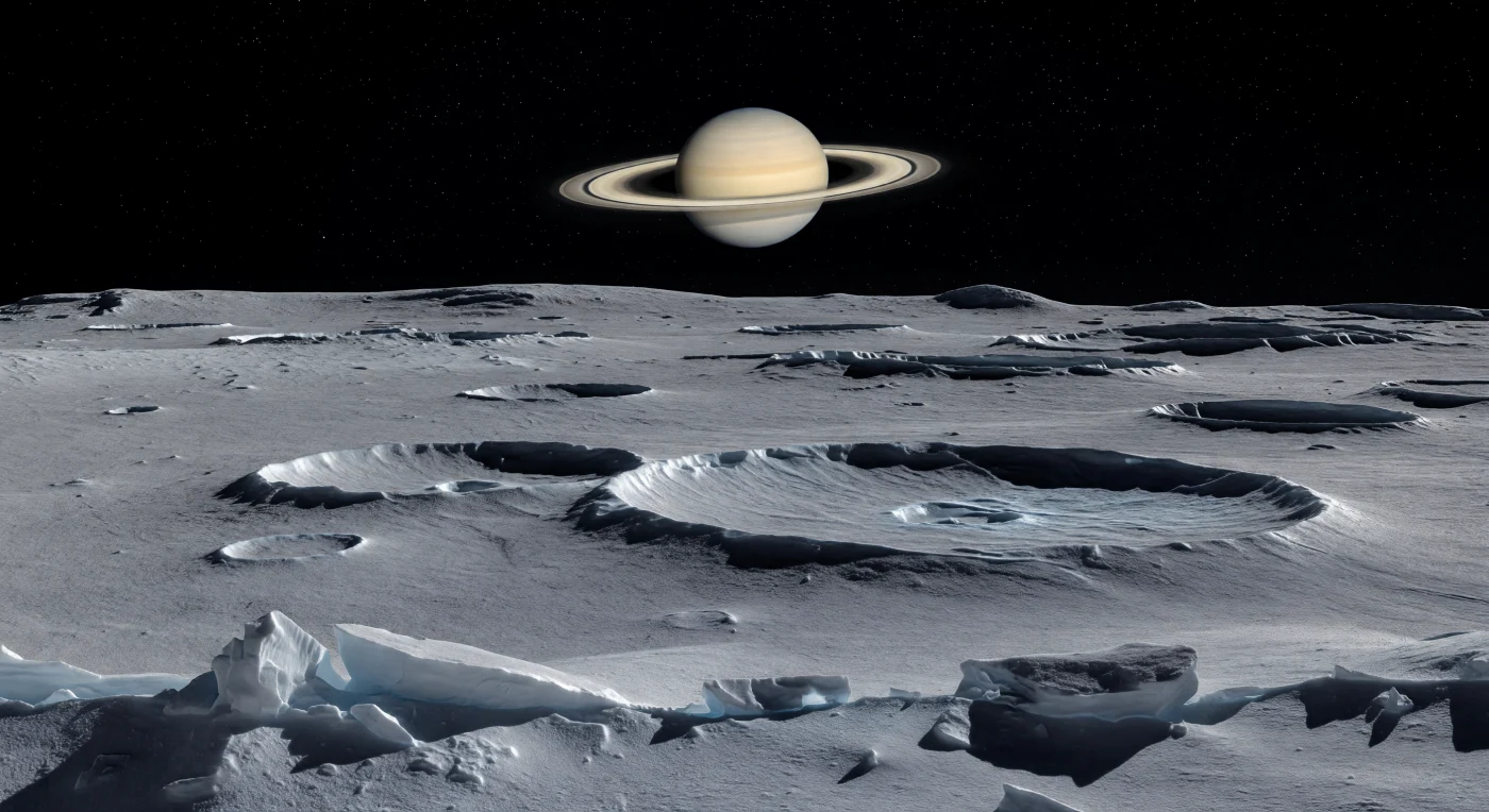 Sous une lueur froide renvoyée par la planète géante et l’éclat de ses anneaux, une vaste plaine criblée de cratères s’étend en gris argenté, couverte d’un socle de glace d’eau, de poussière glacée compactée et de blocs anguleux brisés par le gel. Les rebords des impacts, d’une netteté saisissante dans le vide sans atmosphère, découpent des ombres noires parfaites, tandis que les parois révèlent par endroits une glace plus propre, des taches grisâtres plus riches en contaminants et de fines traces de déformation tectonique dans une croûte ancienne et rigide. À l’horizon, proche et légèrement courbe à cause de la petite taille du monde, de faibles crêtes, des escarpements doux et des chaînes de cratères soulignent une histoire marquée à la fois par les collisions et par la fracturation de la coquille glacée sous une gravité très faible. Au-dessus, dans un ciel absolument noir où les étoiles demeurent visibles, le disque bandé de la planète et l’arc lumineux de ses anneaux dominent la scène, baignant ce désert gelé d’une clarté irréelle qui donne l’impression de se tenir sur une étendue silencieuse de glace fossile, figée depuis des milliards d’années.