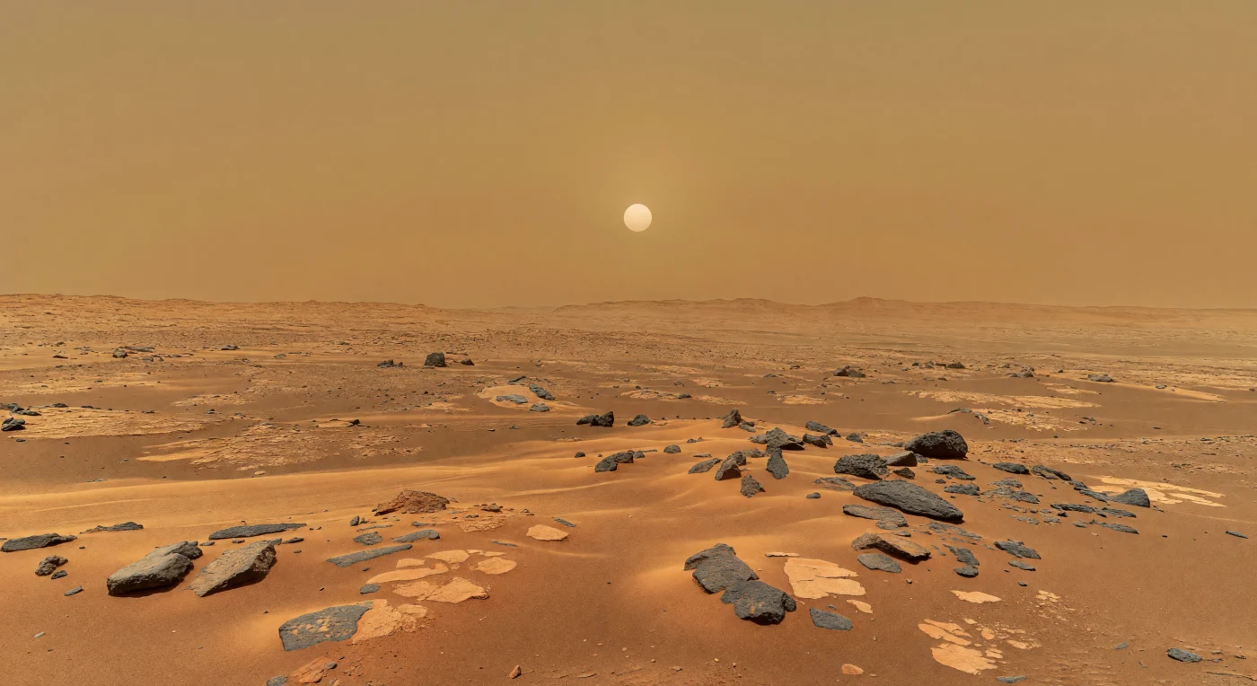 À hauteur du sol, une plaine basse presque sans relief s’étire sous une tempête de poussière si vaste qu’elle efface le paysage dans une opacité jaune brunâtre, où seuls émergent quelques blocs basaltiques noir gris, des fragments anguleux et de faibles rides de sable ocre rouge. La surface, faite de sédiments volcaniques et de poussières riches en oxydes de fer, montre des creux de déflation, des galets sculptés par l’abrasion du vent et des roches à demi ensevelies sous des congères de poussière fine, témoins d’une érosion lente dans un environnement extrêmement sec et froid. Dans la mince atmosphère dominée par le dioxyde de carbone, les particules en suspension diffusent la lumière de midi au point d’aplatir presque tout contraste : les ombres deviennent floues, l’horizon se dissout, et le Soleil n’est plus qu’un petit disque crème à peine visible dans une lueur couleur caramel. On a l’impression de se tenir au bord d’un bassin immense englouti par la tempête, où la visibilité se réduit à quelques centaines de mètres et où chaque détail survivant dans la brume poussiéreuse souligne l’échelle planétaire de ce monde désertique.