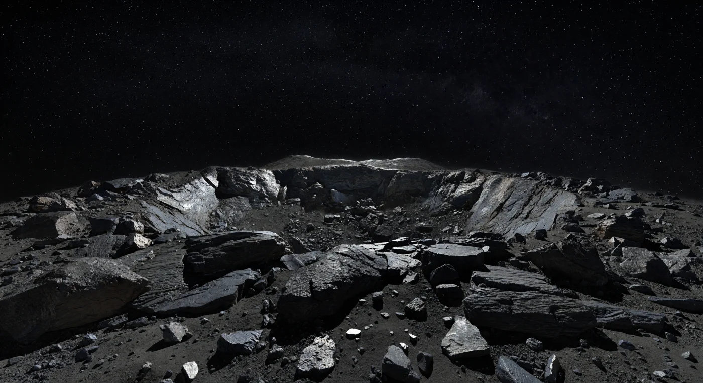 Sous un ciel d’un noir absolu, saturé d’étoiles d’une netteté implacable et traversé par la lueur dense de la Voie lactée, le sol semble presque se dissoudre dans l’ombre : un chaos de blocs ferreux brisés, de dalles sombres riches en fer et nickel, de régolithe gris charbon et de substrat mêlant métal et silicates, sculpté par d’innombrables impacts. La faible gravité de ce petit monde rapproche l’horizon au point de le courber juste devant vous, tandis qu’un cratère peu profond aux parois abruptes paraît monumental, ses arêtes soulignées par de minces reflets d’acier bleuté, de bronze terni et de gunmetal venus d’une crête lointaine encore éclairée. Ici, l’absence totale d’atmosphère laisse les ombres parfaitement noires, sans diffusion ni brume, et chaque éclat métallique, si faible soit-il, tranche avec une précision glaciale. On a l’impression de se tenir sur l’épave gelée d’un ancien intérieur planétaire, dans un silence si complet que la matière elle-même semble figée hors du temps.