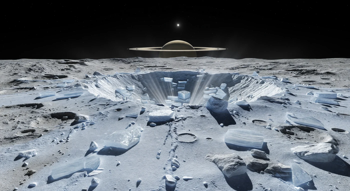 Au bord d’un cratère d’impact très ახალგაზრდა, le sol semble saupoudré d’un givre éclatant : une couverture de glace d’eau bleu-blanc, pulvérulente par endroits, se mêle à des blocs anguleux, des dalles fracturées et des boulders déchiquetés dont les facettes cristallines renvoient une lumière dure et glaciale. La lèvre du cratère se dresse tout près avec des pentes nettes et des terrasses abruptes, remarquablement préservées par la faible gravité et l’absence presque totale d’atmosphère, tandis que de fines crêtes d’éjectas et de petits cratères secondaires strient le paysage comme les cicatrices fraîches d’un choc récent. Au-delà de cette zone immaculée, les plaines plus anciennes paraissent ternes, gris sale et assombries par le bombardement micrométéoritique et l’irradiation, leurs cratères émoussés contrastant fortement avec la propreté lumineuse des dépôts récents. Sous un ciel d’un noir absolu, où le Soleil n’est qu’un point intense projetant des ombres tranchantes, l’horizon faiblement courbe et la vaste solitude glacée donnent l’impression de se tenir sur une relique figée du Système solaire externe.