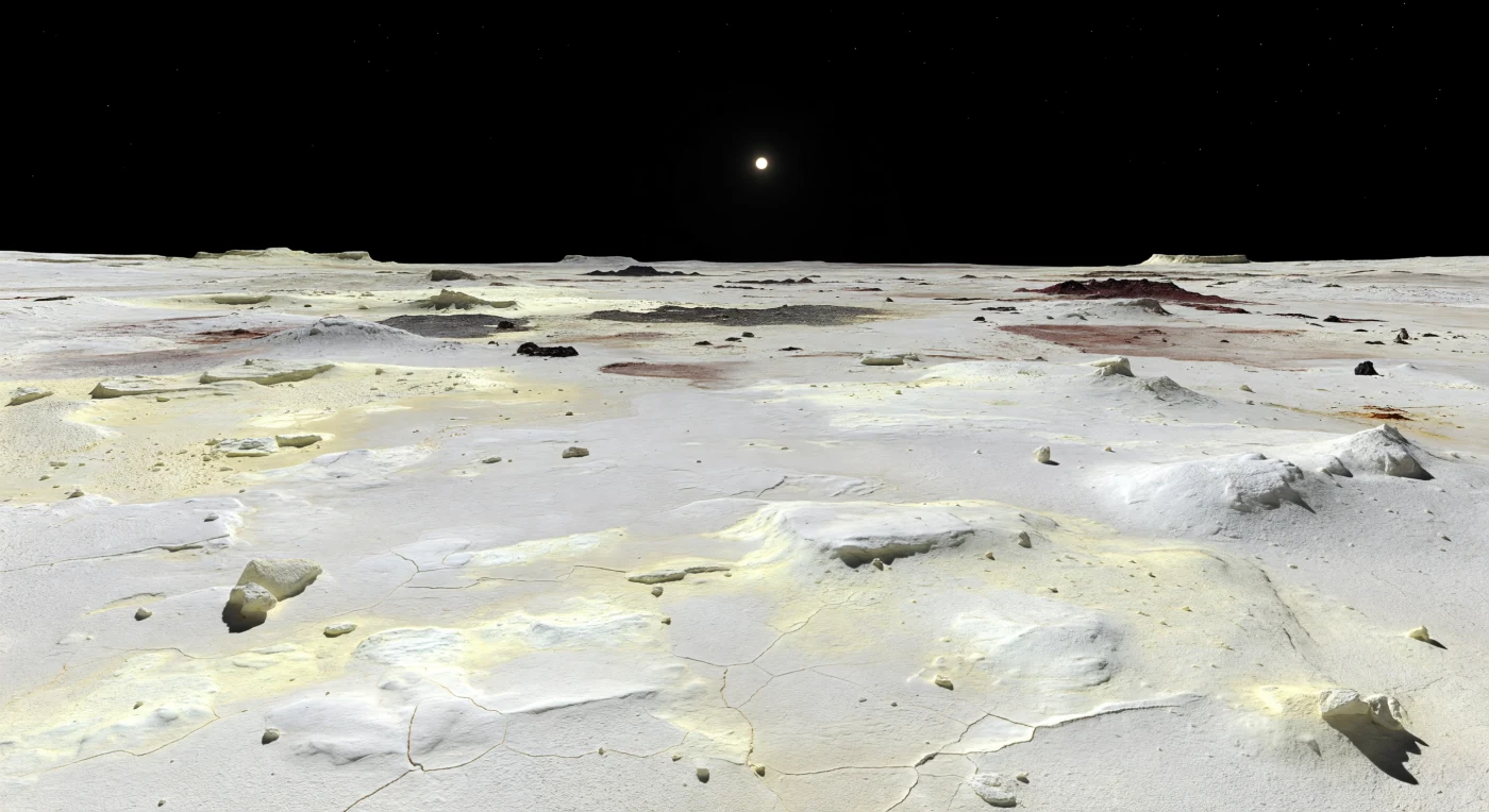 Devant vous s’étend une plaine presque parfaitement nivelée, d’une blancheur crayeuse éclatante, où le givre de dioxyde de soufre se mêle à des croûtes crème et jaune pâle, cassantes et granuleuses, fendillées en polygones peu profonds par la sublimation. Dans cette quasi-absence d’atmosphère — une exosphère de l’ordre du nanobar — le ciel de jour reste d’un noir absolu, le Soleil apparaît petit mais intensément brillant, et la lumière, dure et nette, découpe des ombres tranchantes derrière chaque fragment de roche silicatée et chaque faible bourrelet de croûte. Au loin, quelques taches volcaniques noires à brun rouge sombre tachent l’immense surface lumineuse, vestiges de retombées pyroclastiques et de dépôts soufrés remaniés sur un terrain sans cesse rajeuni par le volcanisme extrême et le gel. L’absence de brume véritable, de relief imposant et de cratères dominants donne à ce paysage une solitude saisissante : un désert gelé et actif à la fois, où l’horizon très lointain, accentué par la faible gravité, semble reculer dans un silence cosmique.