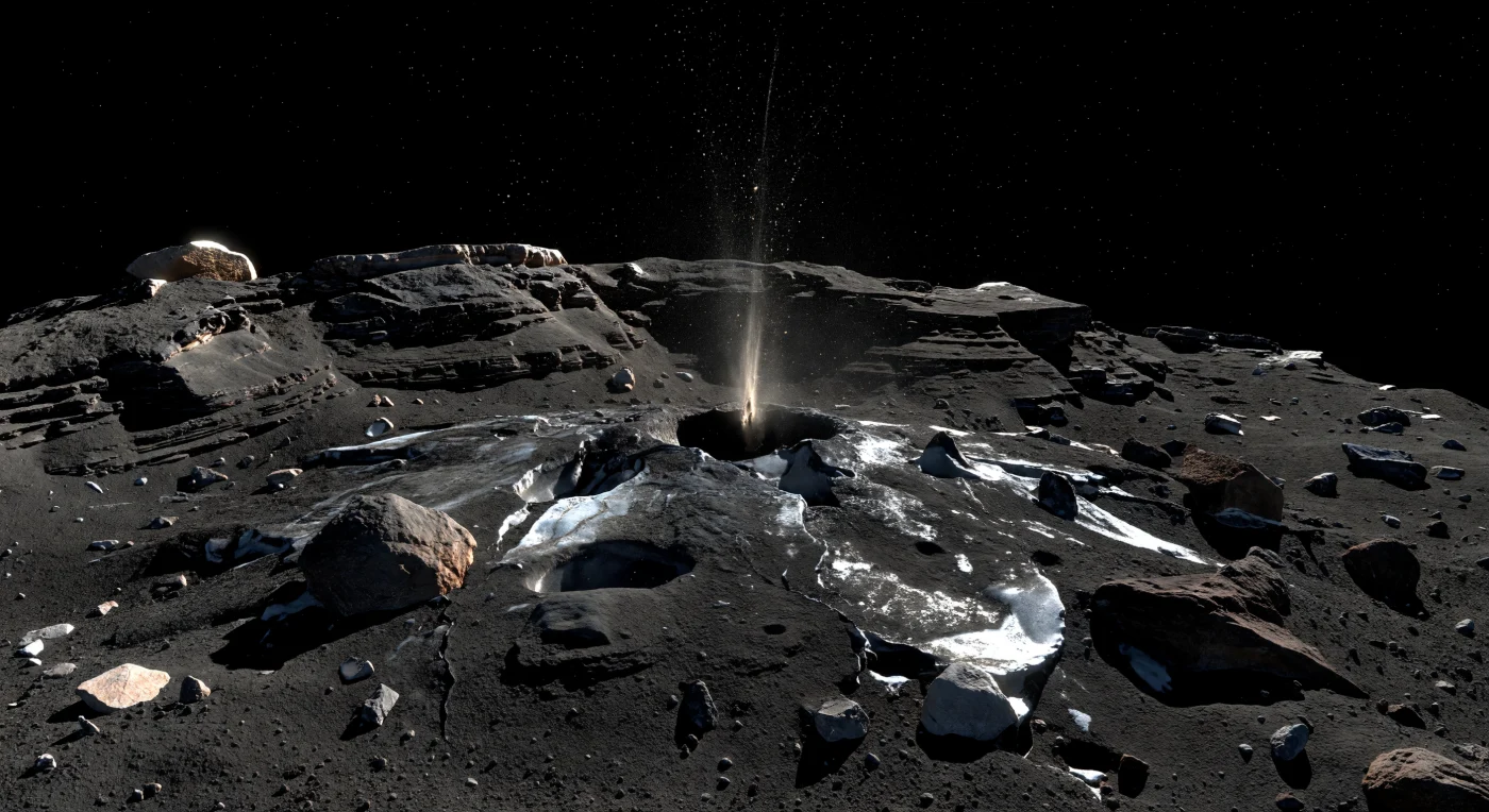 Sous vos pieds, la pente fracturée apparaît comme une croûte presque noire, plus sombre que le charbon, cassée en dalles friables, petites falaises stratifiées et blocs anguleux à peine retenus par une gravité infime. Au milieu du relief, une bouche sombre laisse s’échapper un jet étroit de gaz de sublimation : lorsque la chaleur solaire atteint ce matériau glacé enfoui, la glace se transforme directement en vapeur et arrache avec elle poussières et grains, qui scintillent en or blanc dans le contre-jour avant de se disperser dans le vide. Autour de l’évent, la croûte organique assombrie s’est ouverte sur des plaques de glace sale, blanchâtres à légèrement bleutées, révélant l’alternance de couches poussiéreuses et de bandes plus riches en volatils qui composent ce petit noyau poreux. Le ciel, d’un noir absolu et sans atmosphère, impose des ombres d’une netteté implacable, tandis que l’horizon tout proche et déjà courbé donne à cette scène active une intimité étrange de minuscule monde en train de respirer au Soleil.