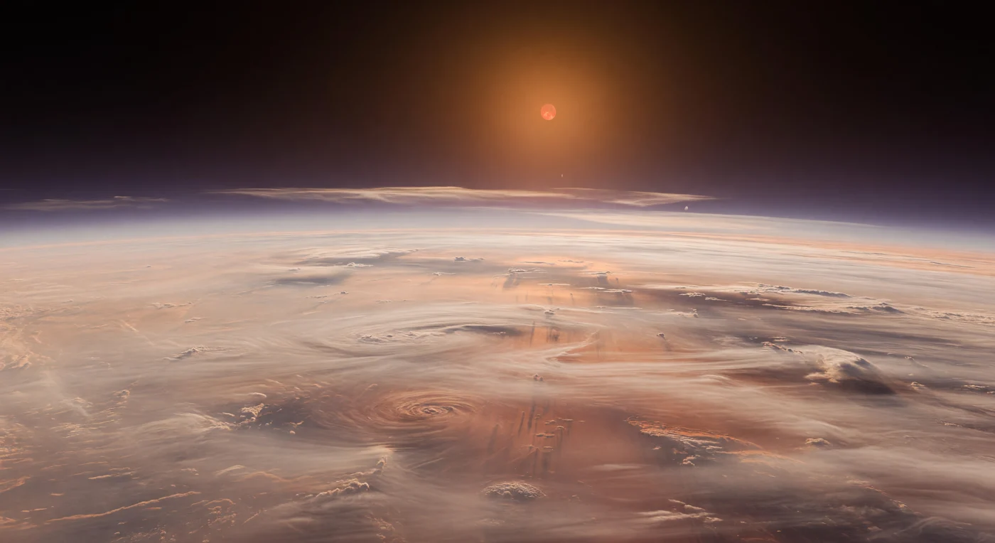 Depuis cette haute couche de brume, au-dessus de l’essentiel de la météo, le ciel s’assombrit en un prune presque noir, tandis qu’un vaste halo ambré diffuse la lueur d’une étoile orange-rouge démesurée, adoucie par l’atmosphère. Bien en dessous, aucune terre n’apparaît : seulement un immense globe de nuages crème et abricot pâle, courbé de façon spectaculaire, strié de larges bandes cycloniques, de spirales colossales et de veines plus sombres teintées de rouille, chacune s’étendant sur des milliers de kilomètres. Les voiles superposés de brumes riches en hydrogène, mêlés à un smog photochimique de méthane et à de fines nappes d’aérosols, filtrent la lumière en tons cuivrés et rosés, révélant une atmosphère épaisse contenant notamment CH4 et CO2 plutôt qu’un paysage solide. L’impression est celle d’un observatoire naturel suspendu dans l’air d’un monde hycéen possible, où la profondeur des couches gazeuses, la douceur du rayonnement rougeâtre et l’échelle planétaire transforment l’horizon en une vision à la fois paisible, étrangère et vertigineuse.