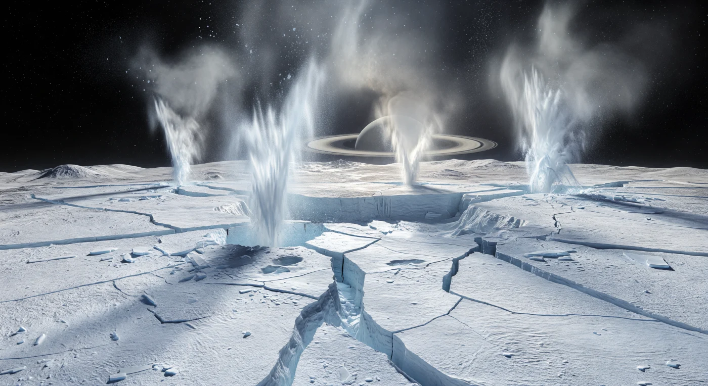 남극의 길게 뻗은 평행 균열 지대를 따라, 눈부시게 밝은 청백색 얼음 평원이 깊은 틈과 날카로운 절벽, 무너져 내린 함몰지, 융기한 능선들로 갈라져 있고, 그 사이에서 여러 개의 극저온 분출 기둥이 검은 하늘을 향해 빛나는 흰 기둥과 부채꼴 장막처럼 치솟습니다. 이 분출은 액체가 아니라 수증기와 미세한 물얼음 입자로 이루어져 있으며, 매우 약한 중력과 진공 환경 속에서 입자들이 높이 솟아 오른 뒤 다시 서리와 눈 같은 퇴적물로 내려앉아, 발아래의 소결된 얼음 껍질과 각진 얼음 블록 위에 고운 밝은 층을 덧씌웁니다. 낮게 비추는 작은 태양이 뒤에서 분출을 관통하자, 얼음 알갱이들은 강한 전방산란으로 진주빛 안개 같은 광휘를 만들고, 균열 가장자리와 공중의 입자 하나하나에 은빛 윤곽을 새겨 넣어 주변 절벽보다 훨씬 거대한 분출의 규모를 실감하게 합니다. 여기서는 조용함마저 낯설게 느껴집니다. 대기는 거의 없고, 바람도 구름도 없이, 내부 바다와 암석 바닥에서 비롯된 조석 가열의 에너지가 얼음 껍질의 상처 난 틈을 통해 우주로 새어 나오며, 차갑고도 살아 있는 지질 활동의 현장을 드러냅니다.