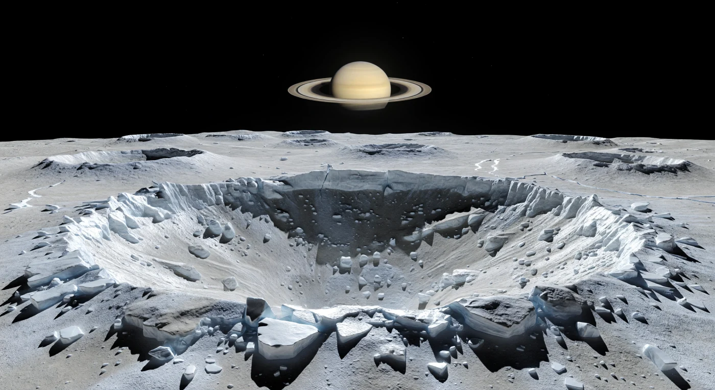 Aan de scherpe rand van een jonge inslagkrater schittert het landschap als gebroken glas: hagelwitte uitgeworpen waterijs, blauwachtig frisse breukvlakken en hoekige blokken steken fel af tegen het oudere, doffere regolith dat door sporen van niet-ijsmateriaal licht grijsbruin is verkleurd. Voor je zakt de kraterwand abrupt omlaag in terrassen, ingestorte richels en puinvelden, waarbij de extreem lage zwaartekracht en het ontbreken van wind of vloeibare erosie elke kam en breuklijn messcherp hebben bewaard. Het harde, ongefilterde zonlicht in het luchtloze vacuüm werpt bijna zwarte schaduwen in spleten en onder rotsblokken, terwijl de lage, licht gebogen horizon benadrukt hoe klein deze ijzige wereld is. In de verte strekken met kraters verzadigde vlakten en subtiele breukzones zich uit tot aan de kim, en hoog boven dit bevroren, stille toneel hangt een reusachtige, bleekgouden planeet met een smalle heldere ringboog als een permanente herinnering aan de schaal van het omringende systeem.
