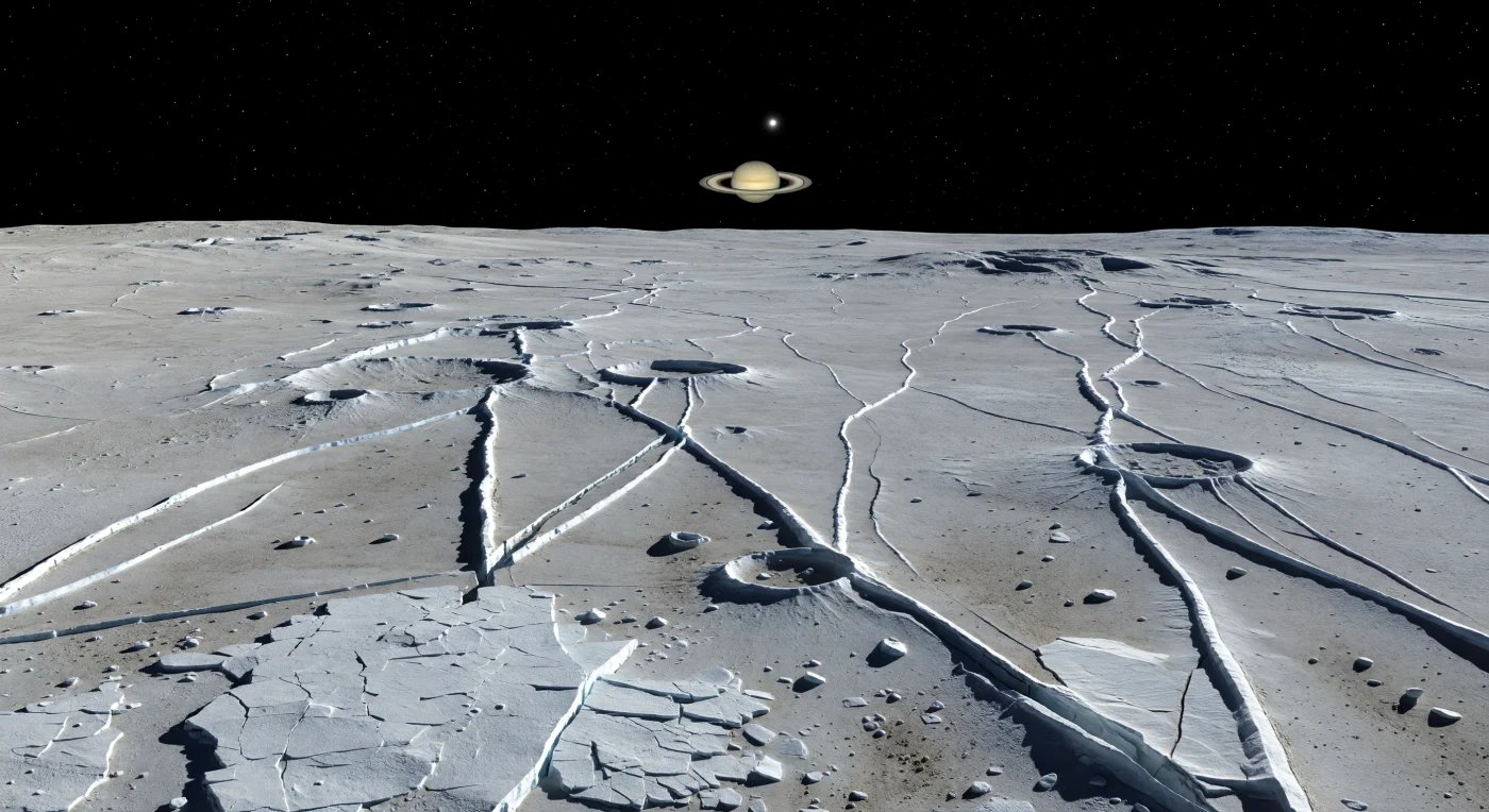 Devant vous s’étend une vaste plaine ancienne de glace d’eau gris-blanc, lacérée par de longues cicatrices lumineuses qui se dressent comme des côtes gelées, parallèles puis ramifiées, séparées par de sombres fossés étroits et des fractures en graben. Ces terrains « vaporeux » ne sont pas des dépôts, mais des escarpements tectoniques et des reliefs bordés de failles, où la croûte cryogénique s’est étirée, a déplacé les rebords de cratères et a soulevé de modestes blocs dans un monde glacé, sans air et exposé au bombardement des micrométéorites et au rayonnement. Au premier plan, le substrat de glace dure est brisé en dalles anguleuses, saupoudré de débris sombres piégés dans les creux, tandis que la faible lumière solaire, venue d’un minuscule disque blanc dans un ciel noir absolu, découpe des ombres d’une netteté implacable et fait scintiller les faces fraîchement mises à nu. Rien ici n’est montagneux au sens terrestre, pourtant la faible gravité exagère la raideur des parois lointaines et donne à ces plaines fracturées, étirées sur des dizaines de kilomètres, une grandeur silencieuse et profondément étrangère.