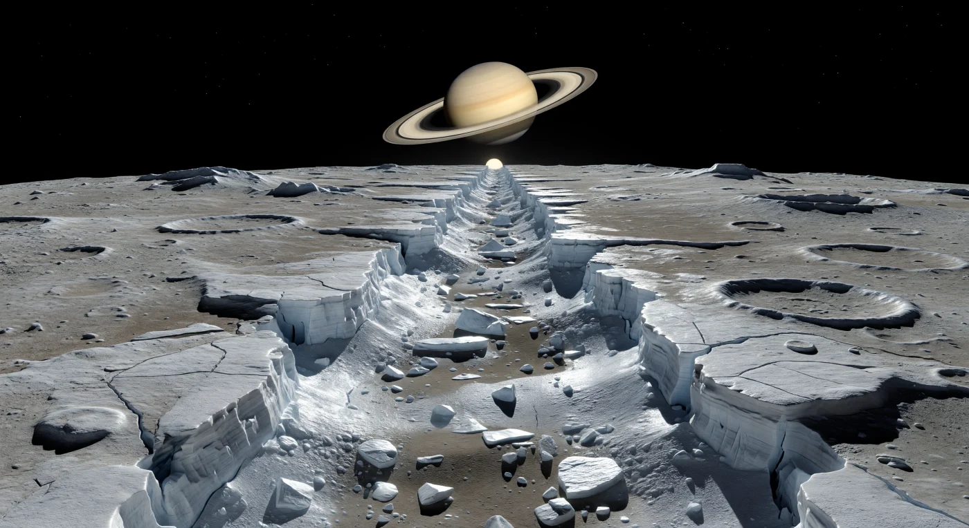 Voor je strekt zich een kaarsrechte tektonische slenk uit, een diepe graben die als een mes door een oeroude vlakte van waterijs snijdt en onder de lage zon scherp afgetekend wordt door gitzwarte schaduwen. De steile, trapsgewijs opgebouwde breukwanden glanzen helder wit tot blauwachtig, terwijl op de lager gelegen trogvloer hoekige ijsblokken, puinhellingen, vorstige brokstukken en kleine inslagkuiltjes tonen hoe een koude, bros geworden ijskorst hier langs normale breuken is opengetrokken en ingestort. Het contrast tussen schoon blootgelegd ijs en het donkerder grijsbruine stof van niet-ijzige verontreinigingen verraadt een oppervlak dat zowel door inslagen is omgewoeld als door tektonische spanningen opnieuw is gevormd, mogelijk boven een inwendig gelaagde wereld met diep verborgen vloeibare reservoirs. Boven de dicht gekromde horizon hangt, in een volmaakt zwarte hemel zonder nevel, een reusachtige geringde planeet, waardoor de stilte, de lage zwaartekracht en de onwerkelijke schaal van dit bevroren landschap bijna lichamelijk voelbaar worden.