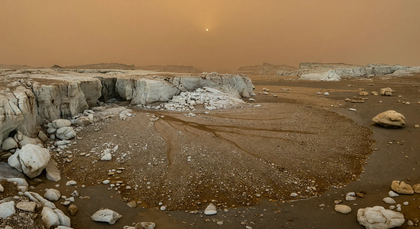 À l’embouchure d’un canyon profondément entaillé, un vaste éventail de débris s’étale sur la plaine basse, mêlant graviers de glace d’eau, galets, blocs arrondis et sédiments brun orangé tassés sous une lumière ambrée si diffuse que les anciennes chenaux distributaires n’apparaissent que comme de fines traces plus sombres et lisses. Les falaises claires du canyon révèlent un socle de glace d’eau fracturée — ici dure comme de la roche à près de 94 K — sculpté par des épisodes d’écoulement de méthane et d’éthane liquides qui ont transporté et trié les matériaux, des éléments les plus grossiers près de la sortie aux dépôts plus fins vers l’extérieur de l’éventail. Tout autour, la plaine semble presque immobile, poudrée d’aérosols organiques et ponctuée de faibles bosses glacées, tandis qu’au loin des reliefs usés et des bordures de cratères adoucies se dissolvent dans une brume épaisse d’azote et de tholins. On a l’impression de se tenir au bord d’un paysage fluvial familier dans sa forme mais profondément étranger dans sa substance, sous un ciel orange opaque où le Soleil n’est plus qu’une faible tache diffuse suspendue dans le smog photochemique.