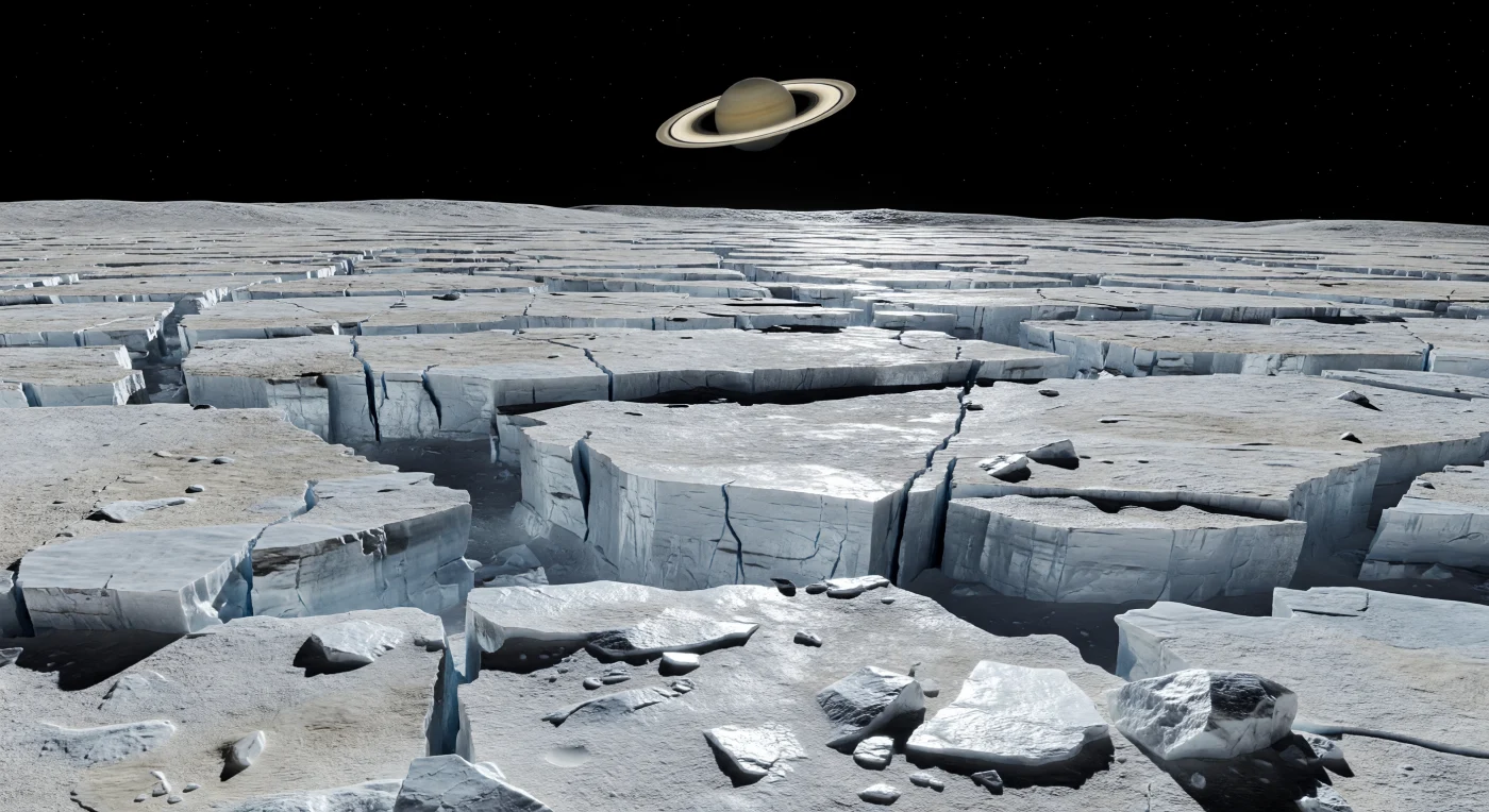 Devant vous, la croûte éclatante de glace d’eau se brise en longues rangées de fossés parallèles et d’escarpements en gradins, où des blocs anguleux, des rochers givrés et une poussière glacée blanche à gris pâle s’accumulent au pied des failles. Ces grabens rectilignes sont des structures tectoniques formées lorsque l’ancienne lithosphère glacée s’est étirée puis fracturée, laissant des parois fraîchement exposées d’un blanc bleuté très réfléchissant, tandis que les surfaces plus anciennes, légèrement ternies par l’altération spatiale, prennent une teinte crayeuse plus douce. Sous un Soleil lointain et dur, sans atmosphère pour diffuser la lumière, les ombres tombent comme des abîmes noirs au fond des fossés, accentuant la netteté presque irréelle de ce relief que la très faible gravité permet de conserver abrupt et tranchant. À mesure que ces vallées tectoniques se répètent jusqu’à l’horizon courbe, ponctuées de quelques cratères d’impact sur une plaine de glace presque pure, l’immensité silencieuse du vide et le ciel noir absolu donnent l’impression de se tenir au bord d’un monde figé, lumineux et austèrement magnifique.