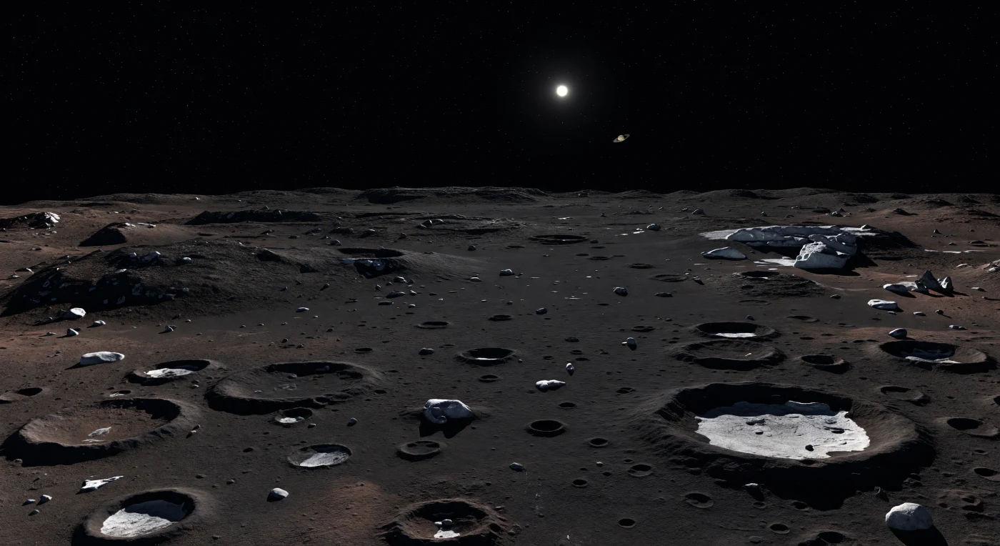 Davanti a te si apre una pianura equatoriale immensa e silenziosa, appena ondulata ma fittamente segnata da crateri antichi, dove un sottile mantello opaco di polvere color carbone, bruno nerastro e rossastro soffoca una crosta ricca di ghiaccio d’acqua. Sui bordi smussati delle conche d’impatto affiorano blocchi angolosi di ghiaccio più chiaro, e qua e là le pareti interne più ripide o i minuscoli impatti recenti rivelano lampi bianchi del substrato sepolto, mentre all’orizzonte lontanissimo si distingue il profilo tenue ma colossale di una dorsale equatoriale che sembra tagliare il mondo in due. In questo ambiente privo d’atmosfera il cielo è nero assoluto, il Sole appare piccolo ma feroce e la sua luce fredda scolpisce ombre nerissime dai contorni perfetti, senza foschia né diffusione a smussare il paesaggio. La bassa gravità e l’assenza di erosione conservano per eoni rilievi, crateri e creste minori con una nitidezza innaturale, dando alla scena un’atmosfera remota e quasi immobile, come se stessi osservando una distesa fossile sospesa nel vuoto.