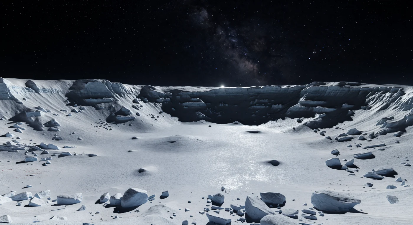 Depuis le fond de ce cratère d’impact remarquablement préservé, on contemple une vaste plaine blanche et lisse de givre d’azote et de méthane, à peine ondulée, marquée de fines fissures polygonales de contraction et de petites bosses de glace volatile d’une propreté éclatante. Tout autour, les parois en terrasses, bleu gris, révèlent un socle de glace d’eau et de matériaux gelés fracturés par l’effondrement ancien du cratère, tandis que des blocs d’éjecta anguleux, intacts depuis des milliards d’années, projettent des ombres noires d’une netteté absolue. À près de 40 K, dans un vide presque parfait et sous un Soleil réduit à un point blanc aveuglant, la lumière reste faible mais d’une direction implacable : le rebord du cratère flamboie sur le givre très réfléchissant, alors que les cavités les plus profondes basculent dans un noir total. Sous ce ciel sans atmosphère, où les étoiles demeurent visibles en plein midi, l’horizon proche et serré rappelle la petite taille du monde, et le silence glacé donne à ce paysage l’étrangeté intacte d’un système solaire lointain.