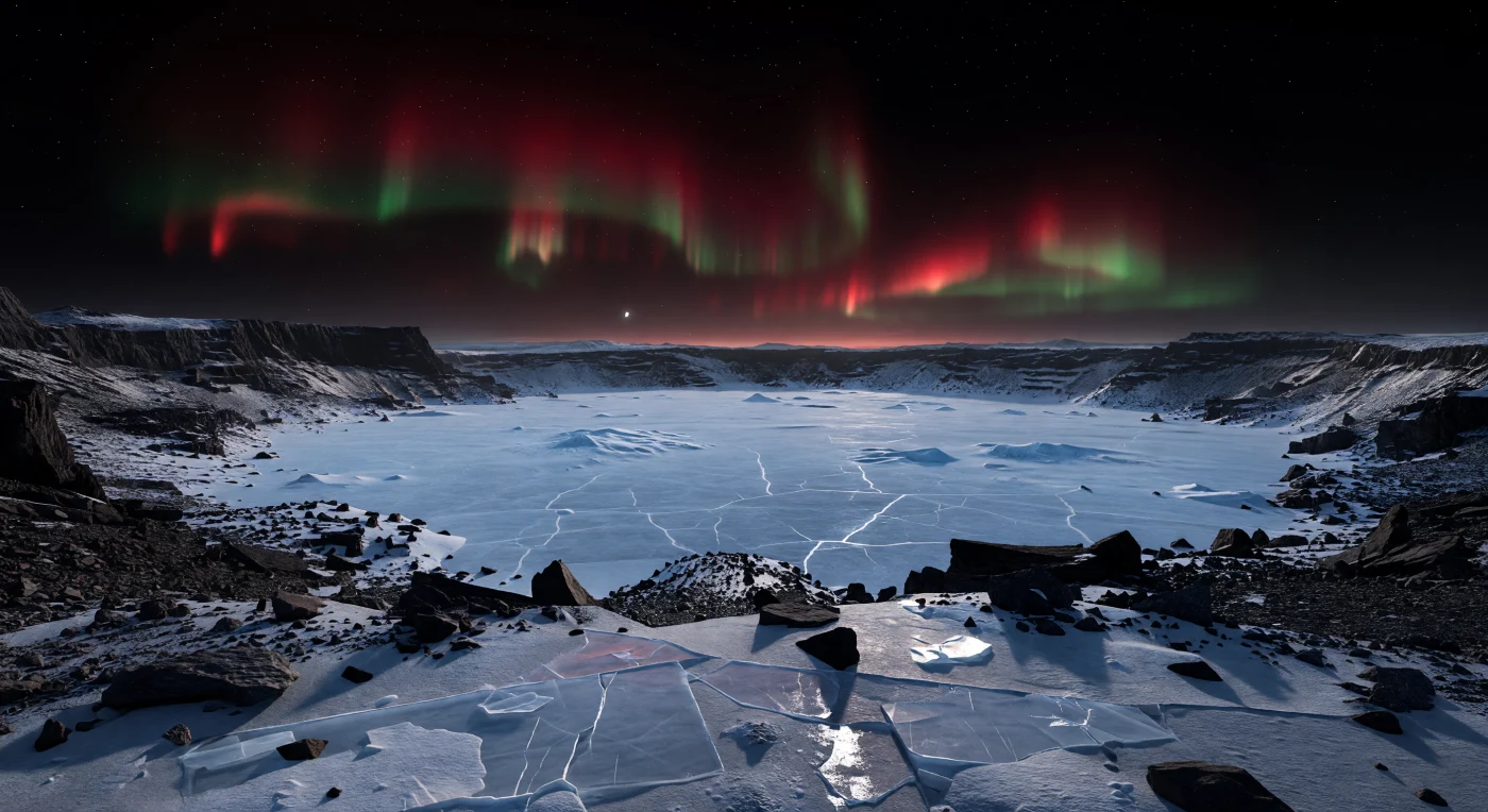 Au fond d’un immense bassin d’impact très ancien, un désert de glace d’eau bleu pâle s’étend jusqu’à l’horizon, sa surface fendue en réseaux polygonaux, en bourrelets de pression et en plaques cassantes où le givre épais accroche une lumière froide. Tout autour, des remparts de roches volcaniques sombres et de brèches d’impact, presque noirs, dressent des falaises déchiquetées et des champs de blocs anguleux, témoins d’une histoire violente puis figée par un froid durable, sans trace de fonte liquide. Au ras du sol, les croûtes translucides de gel, les pierres noires emprisonnées dans la glace et les faibles ondulations dues au lent fluage glaciaire donnent à la scène une précision minérale saisissante, tandis que la courbure lointaine du bassin en révèle l’échelle planétaire. Au-dessus de ce paysage nocturne, sous un ciel noir où les étoiles restent visibles, de larges draperies aurorales rouges et vertes ondulent dans une atmosphère ténue, colorant faiblement la glace, tandis qu’à l’extrême horizon persiste une mince lueur rubis venue de l’hémisphère éclairé, comme la bordure lointaine d’un jour qui n’atteint jamais ce monde gelé.