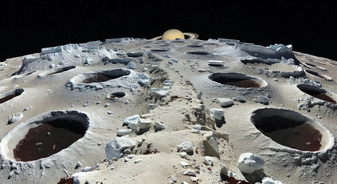 You appear to be standing on a knife-edge path only a few meters to tens of meters wide: a rounded spine of dirty-cream water-ice rubble and porous regolith winding between immense, steep-sided impact bowls whose bright rims and ink-dark floors plunge away on either side. The pale surface is littered with angular icy blocks, crumbly talus, and scattered reddish-brown organic-rich debris, while the surrounding terrain repeats the moon’s signature sponge-like geology—overlapping cup-shaped craters, broken rims, hummocky uplands, and blocky outcrops of weak, highly porous ice that can preserve startlingly sharp slopes in feeble gravity. Because there is no atmosphere, every distant ridge and crater chain remains perfectly crisp beneath a pure black sky, where stars shine even in daylight, the Sun glares as a small hard beacon, and Saturn hangs enormous with its tilted rings spread across the void. The near, subtly curved horizon and the abyssal depth of the neighboring craters make the landscape feel both miniature and vertiginous, as if a fragile frozen ruin had been carved from cream-colored ice and suspended over darkness.