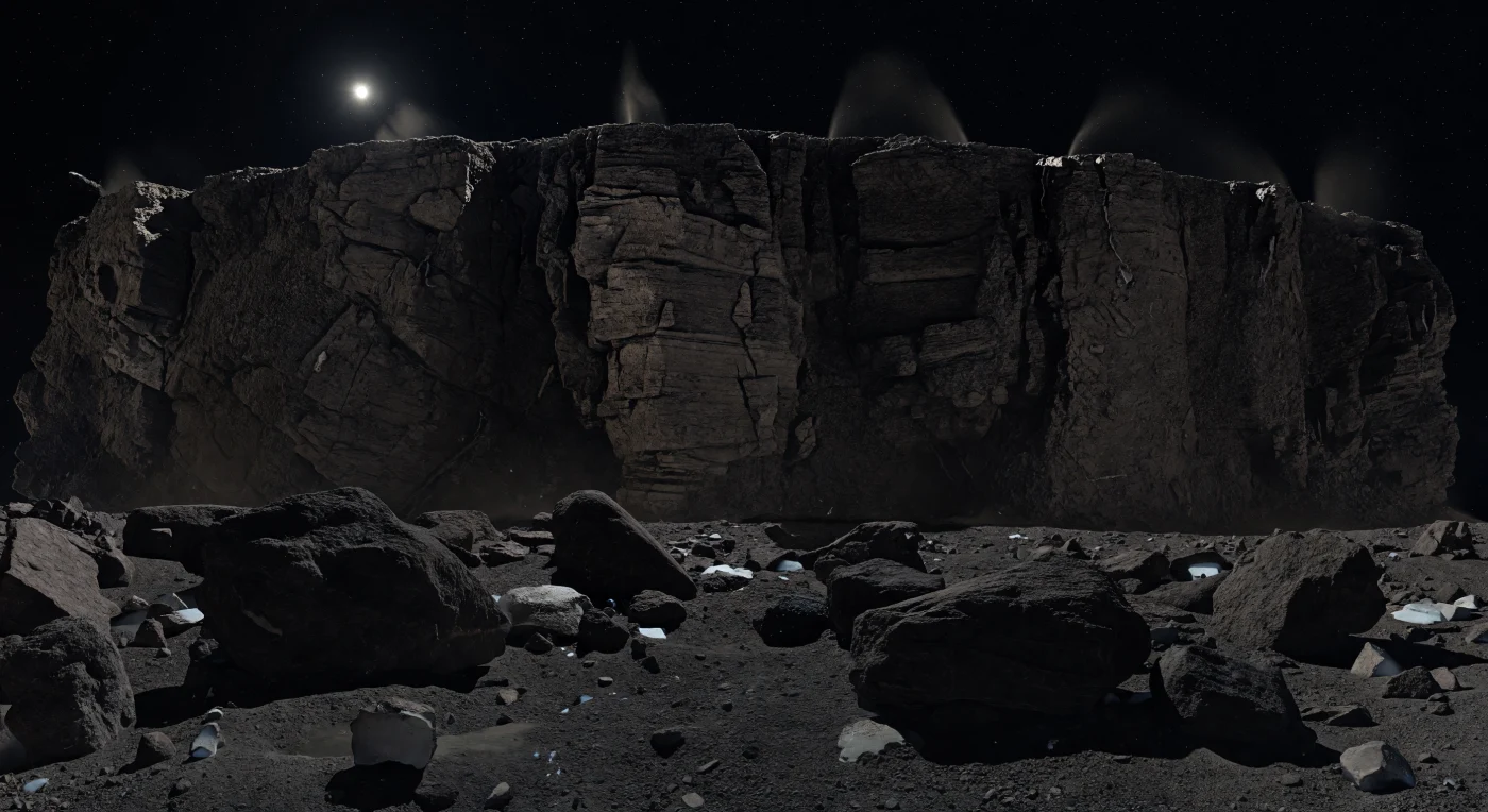 Ai piedi di Hathor, una parete quasi verticale di materiale cometario consolidato, nero-bruno e intensamente fratturato, si innalza per centinaia di metri fino a sparire oltre il bordo dell’inquadratura, con la cresta investita da una luce solare dura e gelida mentre la base sprofonda in un’ombra nera e perfettamente netta sotto un cielo di vuoto assoluto. Davanti a te si accumula una colata caotica di blocchi angolosi, da schegge grandi quanto un pugno a massi enormi come case, crollati da una crosta porosa di polvere, ghiaccio e composti organici refrattari; qua e là, in fessure riparate, affiorano piccole macchie più chiare di ghiaccio d’acqua sporco. Le superfici mostrano giunti poligonali, strati friabili, cornici sporgenti e profonde spaccature che testimoniano una struttura debolmente coesa, modellata dalla sublimazione dei ghiacci e dai collassi gravitativi in un ambiente di gravità quasi nulla. In questo silenzio cosmico, con l’orizzonte insolitamente vicino e curvo, minuscoli granelli sembrano indugiare sopra il suolo e sottili pennacchi di gas e polvere sfuggono dalle fratture illuminate in alto, rendendo il paesaggio non solo alieno e immobile, ma ancora geologicamente attivo.