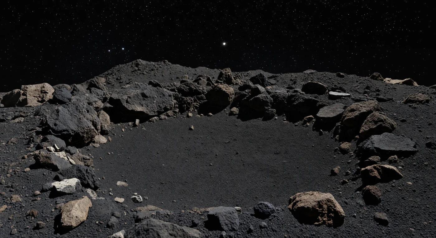 Dal fondo di questa piccola conca riparata, il suolo appare come un tappeto insolitamente liscio di regolite finissima, grigio fuliggine quasi nera, raccolta tra ciottoli semisepolti e bassi orli di massi fratturati che ne delimitano i bordi. Ogni granello e ogni scheggia proiettano ombre nette come lame sotto un Sole duro, in un vuoto senza atmosfera dove il cielo resta assolutamente nero e l’orizzonte, vicinissimo, si incurva bruscamente attorno a questo minuscolo mondo. Le rocce scure e porose, ricche di carbonio e di minerali idrati primitivi, raccontano la natura di ammasso di macerie dell’asteroide: un corpo assemblato da frammenti antichissimi, con gravità così debole che la polvere si deposita per ricaduta balistica, non per vento, e i blocchi sembrano appena trattenuti al suolo. Stare qui significherebbe trovarsi dentro un relitto quasi intatto dei primordi del Sistema Solare, in un paesaggio silenzioso, aspro e stranamente intimo, grande solo pochi metri ma aperto sull’abisso dello spazio.