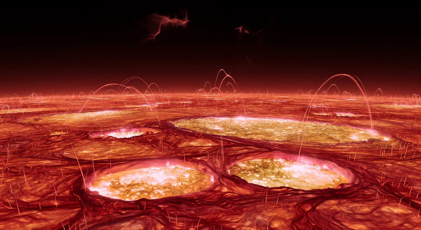 Davanti a te si stende un immenso mare di plasma, senza roccia né suolo, dove la cromosfera si presenta come un drappo di filamenti scuri rosso bruno che si intrecciano per migliaia di chilometri sopra chiazze di plage intensamente luminose. Tra le fessure affiora appena la granulazione fotosferica, un mosaico cellulare di granuli giallo‑bianchi e canali più scuri, mentre lungo l’orizzonte si alzano spicole sottili come aghi incandescenti, guidate da campi magnetici contorti che sollevano e modellano la materia. La luce non viene da un cielo esterno, ma dal gas stesso: sotto domina un bagliore cremisi e rubino, che si assottiglia rapidamente verso l’alto fino a diventare un nero quasi assoluto nella regione di transizione e nella bassa corona. L’effetto è insieme fragile e smisurato, come trovarsi sospesi dentro una foresta di fuoco magnetico, dove le strutture luminose e le ombre di opacità rivelano la dinamica violenta di una stella viva.