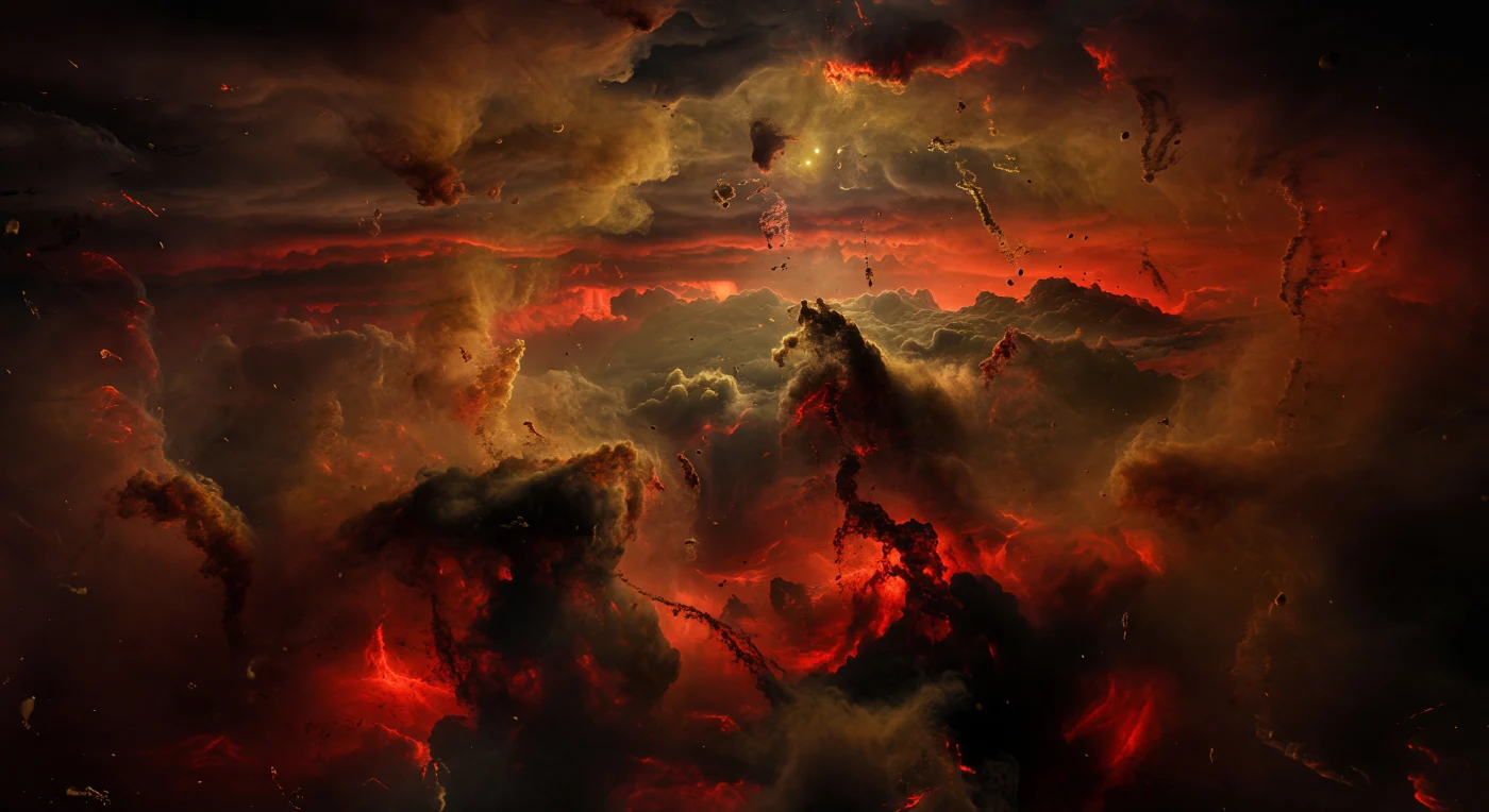 Qui non esiste un suolo su cui posare lo sguardo: si è sospesi dentro un abisso atmosferico di idrogeno ed elio surriscaldati, dove il chiarore della stella quasi scompare e il gas stesso arde in toni cremisi, arancio bruciato e oro metallico. Immense colonne convettive, scure come continenti in risalita, fendono un mantello luminoso di vapori ferrosi e foschie minerali, mentre filamenti di condensato di ferro si lacerano, ricondensano e rievaporano nelle correnti, suggerendo piogge che non raggiungono mai una superficie inesistente. La luce è diffusa e infernale, senza ombre nette, smorzata da nubi opache e da foschie dense che comprimono la visibilità in canyon di nube e pareti di vapore alti centinaia o migliaia di chilometri. È il volto profondo di un gigante gassoso ultra-caldo bloccato marealmente, dove venti di diversi chilometri al secondo trascinano metalli vaporizzati tra il lato diurno e quello notturno, trasformando l’intera atmosfera in una fornace planetaria viva e turbolenta.