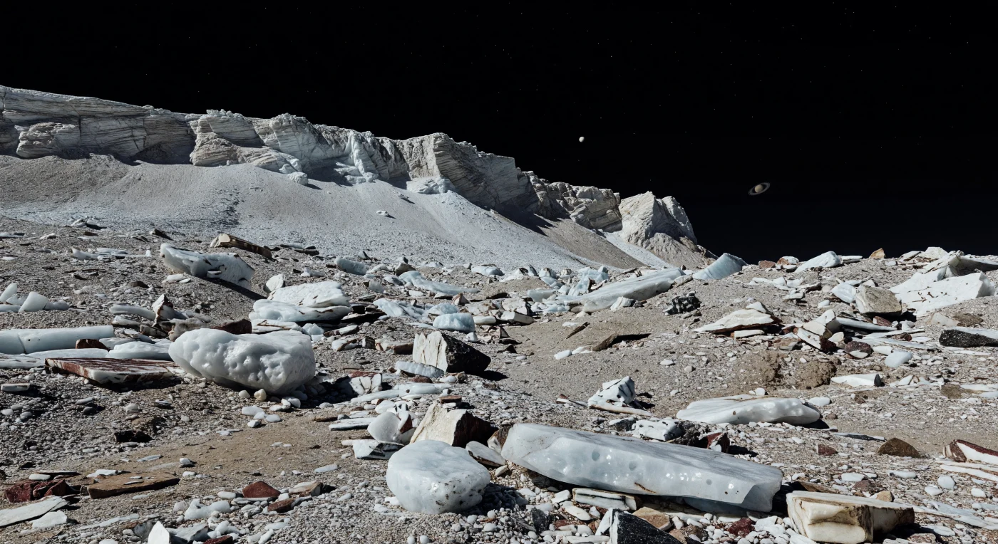 Ai piedi della grande dorsale equatoriale, il terreno appare come un immenso ventaglio di frana congelata: colate di detrito angoloso, blocchi di ghiaccio d’acqua sporco biancastro, massi brunoneri rivestiti di materiale carbonioso e ghiaie regolitiche si accavallano in lingue di pietrame che scendono dalla parete fratturata sullo sfondo. La luce radente di un Sole lontanissimo, in un cielo assolutamente nero e privo d’aria, incide ogni spigolo con ombre nette come lame, facendo brillare le superfici di ghiaccio più pulito e lasciando opachi i depositi scuri che caratterizzano questa regione. Qui la bassissima gravità e l’assenza totale di liquidi o erosione atmosferica permettono a scarpate alte chilometri, strati di bedrock ghiacciato esposto e campi di massi grandi come automobili di conservarsi con una nitidezza estrema, mentre alcune superfici mostrano un lieve ammorbidimento dovuto alla sublimazione. Stare in questo punto significa trovarsi davanti a un paesaggio insieme intimo e smisurato, dove ogni frammento racconta frane, impatti e la lenta separazione tra ghiaccio luminoso e residui più scuri accumulati sulla superficie.