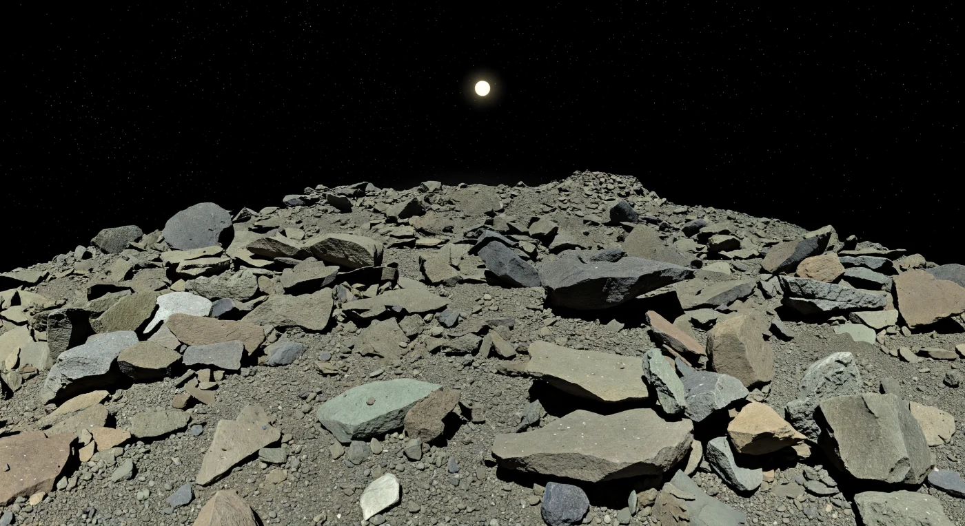 Davanti a te si estende un altopiano caotico di massi silicatici grigio-bruni, lastre di roccia fratturata, ciottoli e tasche di regolite più fine, tutti ammassati su un pendio che sembra quasi impossibile e che precipita via nel giro di poche decine di metri, fino a un orizzonte sorprendentemente vicino e fortemente curvo. Questa superficie appartiene a un piccolo asteroide di tipo S, un “rubble pile” poroso formato da frammenti debolmente legati, dove blocchi angolosi con composizione simile alle condriti ordinarie — ricchi di silicati come olivina e pirosseno — mostrano i segni di fratture, minuscoli crateri da impatto e una lieve alterazione da space weathering. A mezzogiorno, senza atmosfera a diffondere la luce, il Sole incide ogni spigolo con un’illuminazione brutale: le ombre sono nere assolute e taglienti, i granuli brillano sulle superfici spezzate e il cielo resta un vuoto nero punteggiato di stelle anche in pieno giorno. In questa gravità quasi inesistente, i macigni sembrano posati con una precarietà irreale, e le basse dorsali che emergono oltre il bordo del terreno — alte appena poche decine di metri — assumono l’aspetto di montagne in miniatura, rendendo il paesaggio insieme intimo, fragile e profondamente alieno.